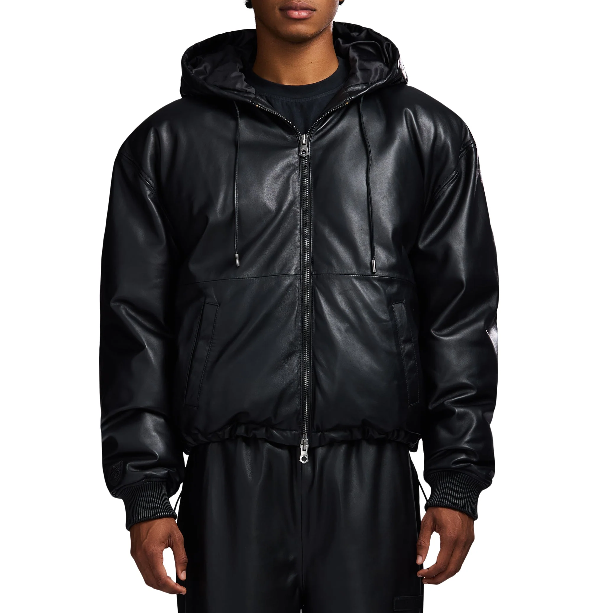 Nappa Leather Puffer Hoodie | Black - Image 3