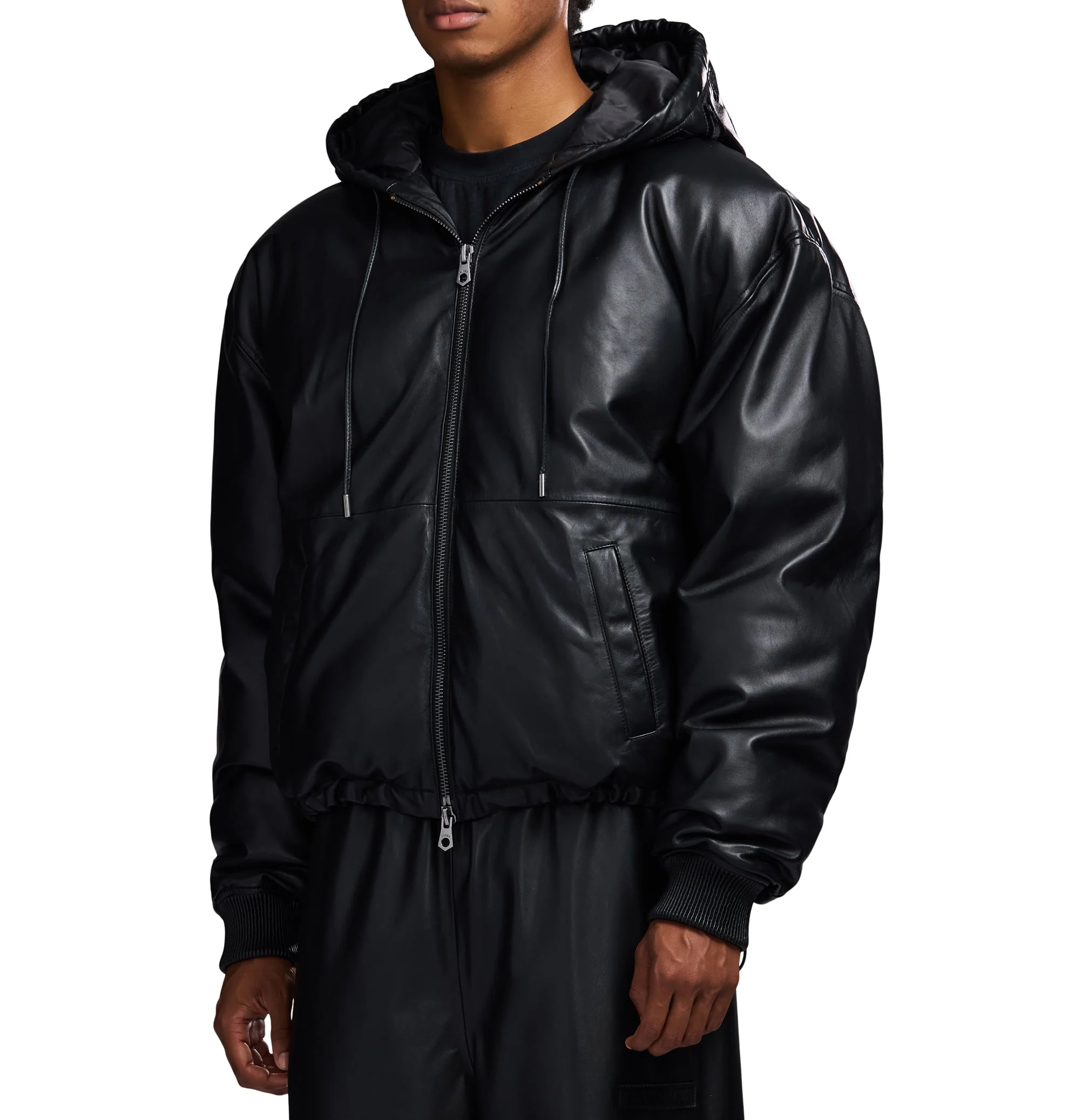 Nappa Leather Puffer Hoodie | Black - Image 4