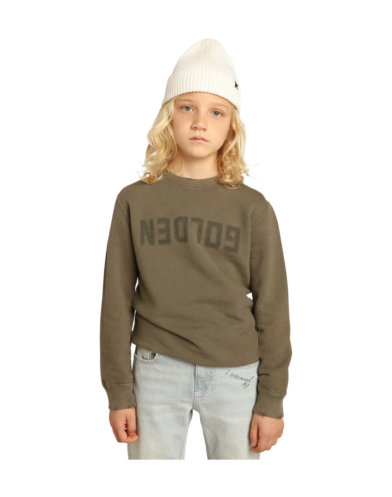 Kids | Distressed Green Sweatshirt With Golden Lettering On The Front | Dusty Olive