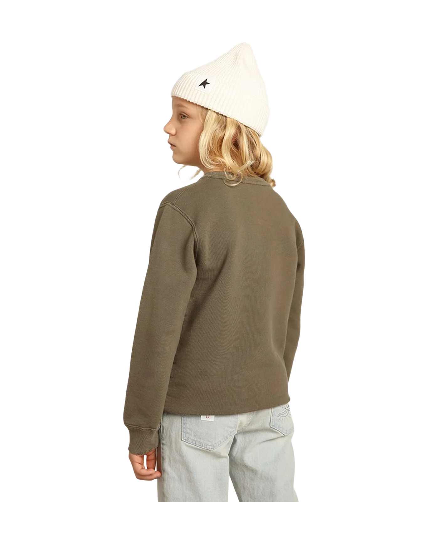 Kids | Distressed Green Sweatshirt With Golden Lettering On The Front | Dusty Olive - Image 3