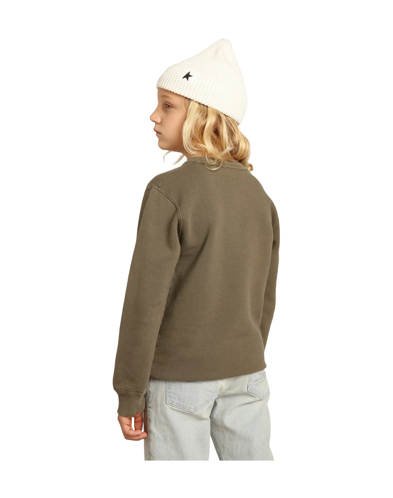 Kids | Distressed Green Sweatshirt With Golden Lettering On The Front | Dusty Olive - Image 4