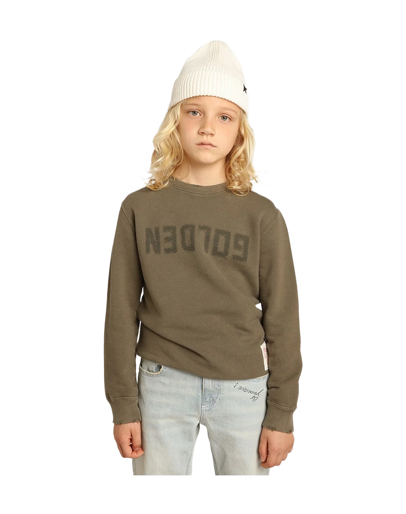 Kids | Distressed Green Sweatshirt With Golden Lettering On The Front | Dusty Olive - Image 6