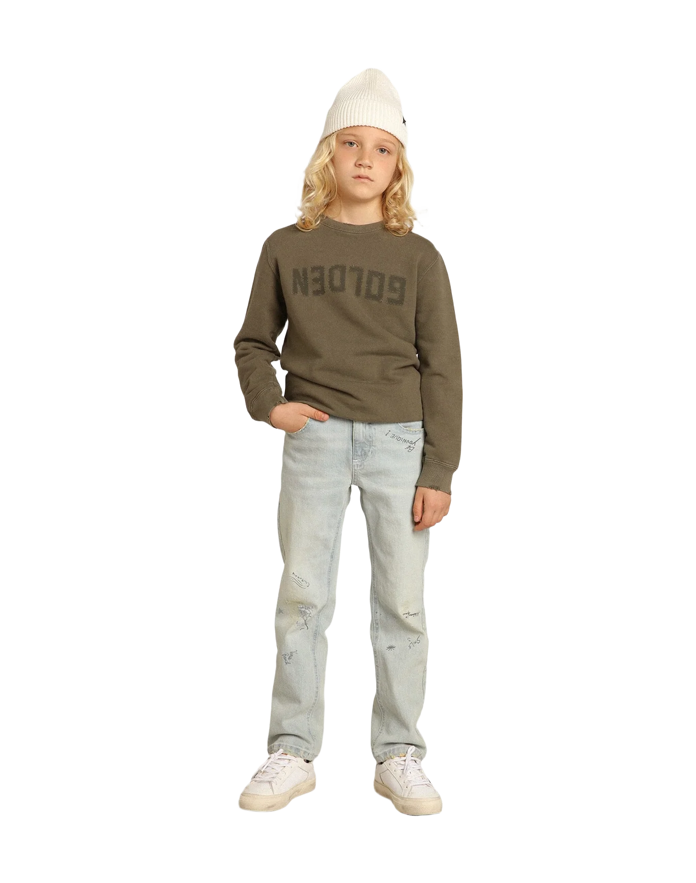 Kids | Distressed Green Sweatshirt With Golden Lettering On The Front | Dusty Olive - Image 9