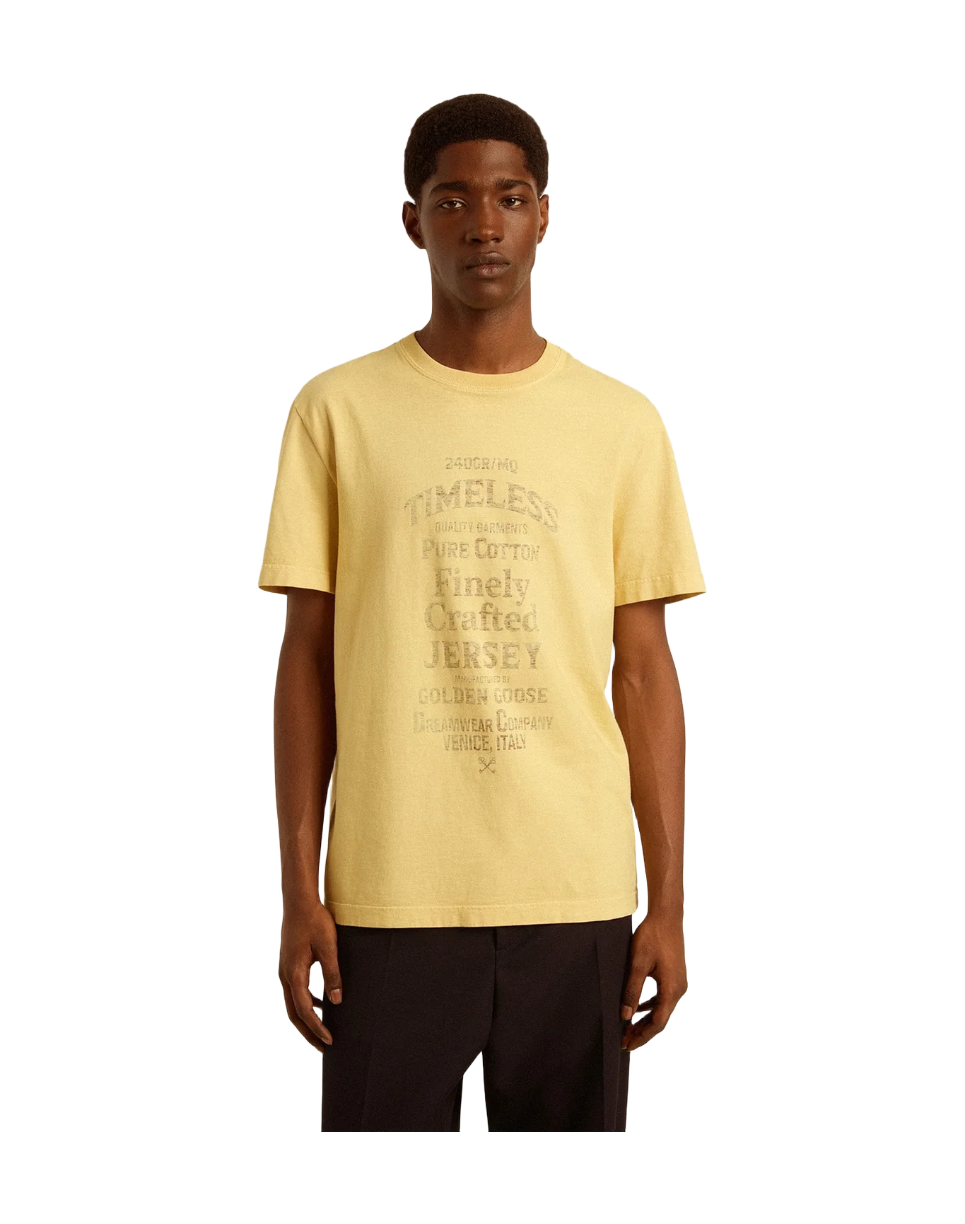 Men | Cotton T Shirt In Pale Yellow With Faded Lettering | Raffia x Dark Brown - Image 11