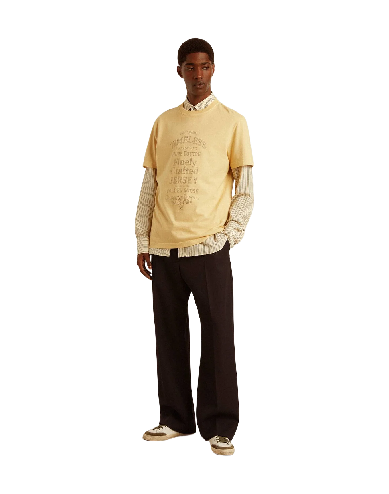 Men | Cotton T Shirt In Pale Yellow With Faded Lettering | Raffia x Dark Brown - Image 5