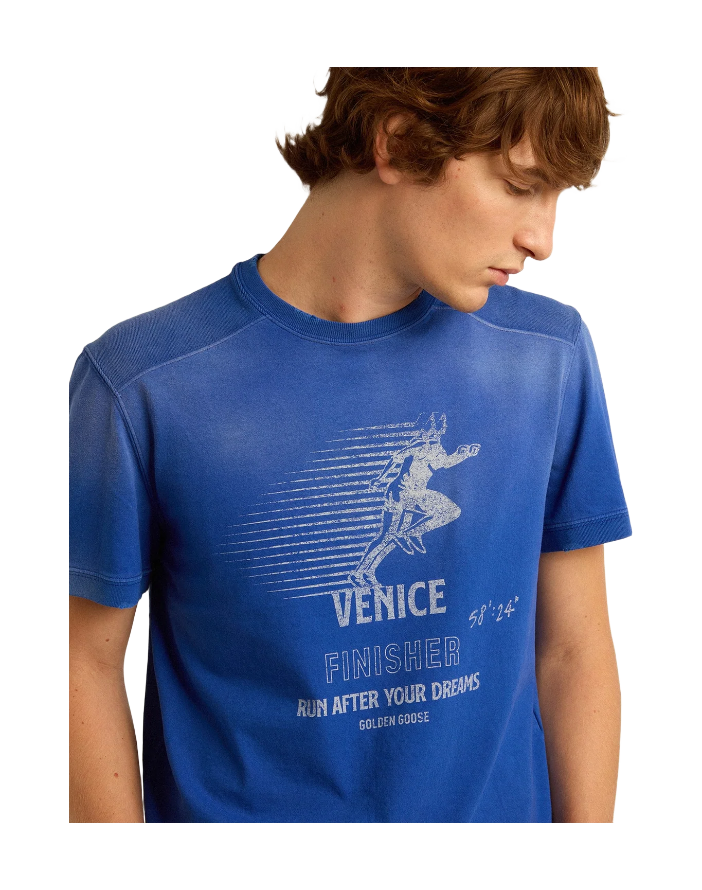 Men | Cotton T Shirt With Poster On The Front | Marathon Blue x Heritage White - Image 5