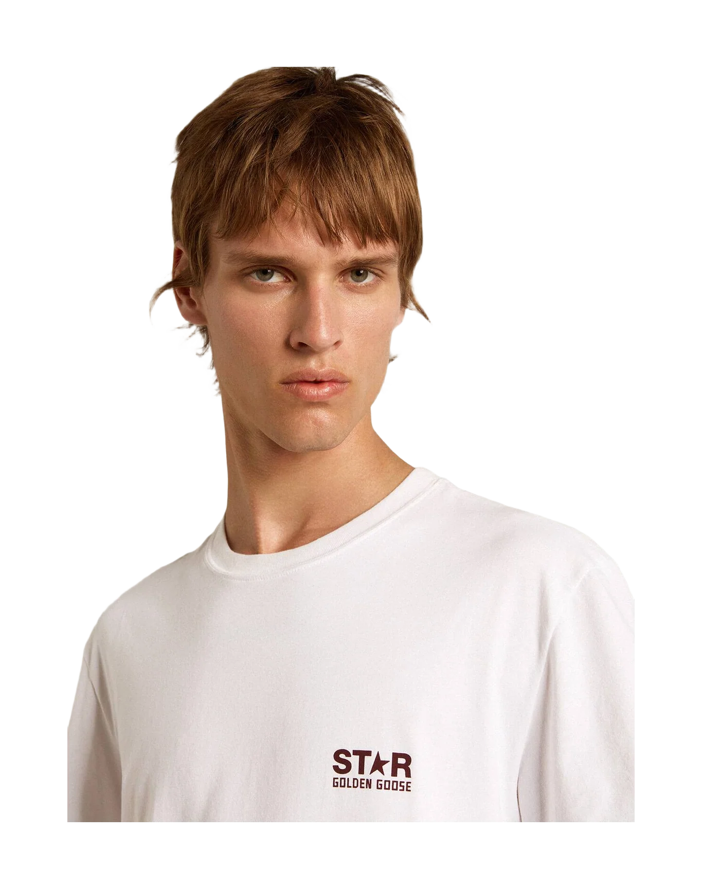 Men | T Shirt With Contrasting Burgundy Logo And Star | Optic White x Windsor Wine - Image 4