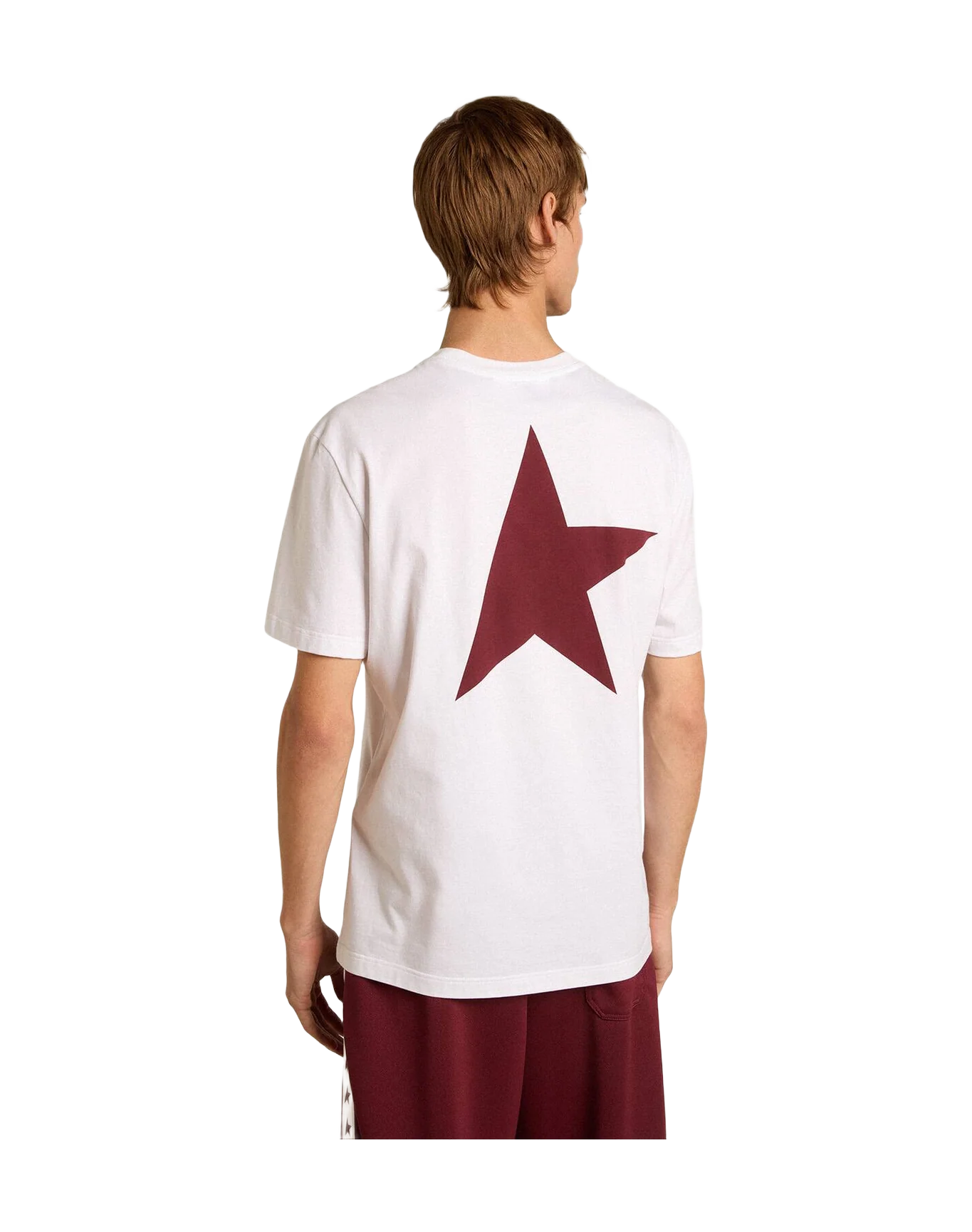 Men | T Shirt With Contrasting Burgundy Logo And Star | Optic White x Windsor Wine - Image 6