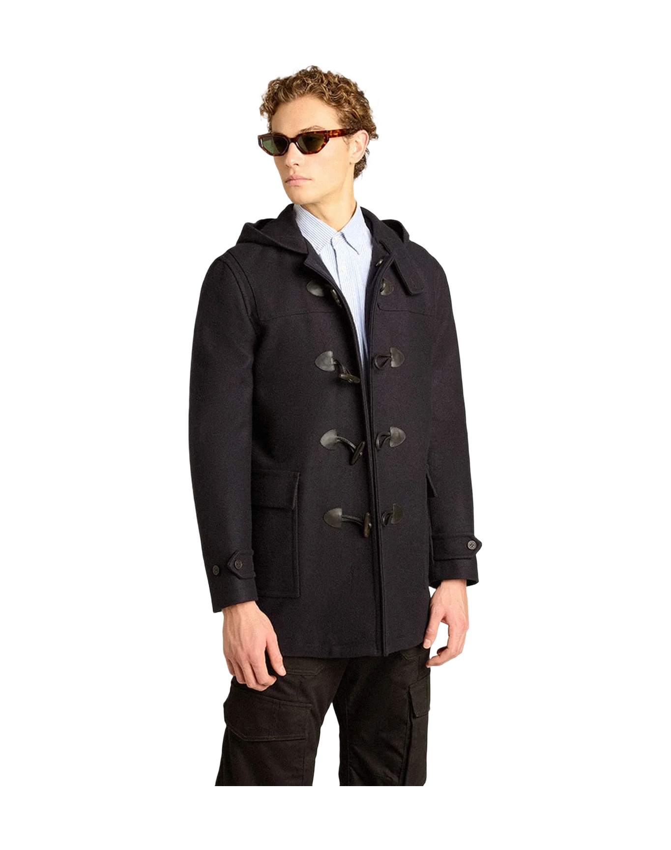 Men | Wool Duffle Coat With Hood And Toggle Fastening | Dark Blue - Image 5
