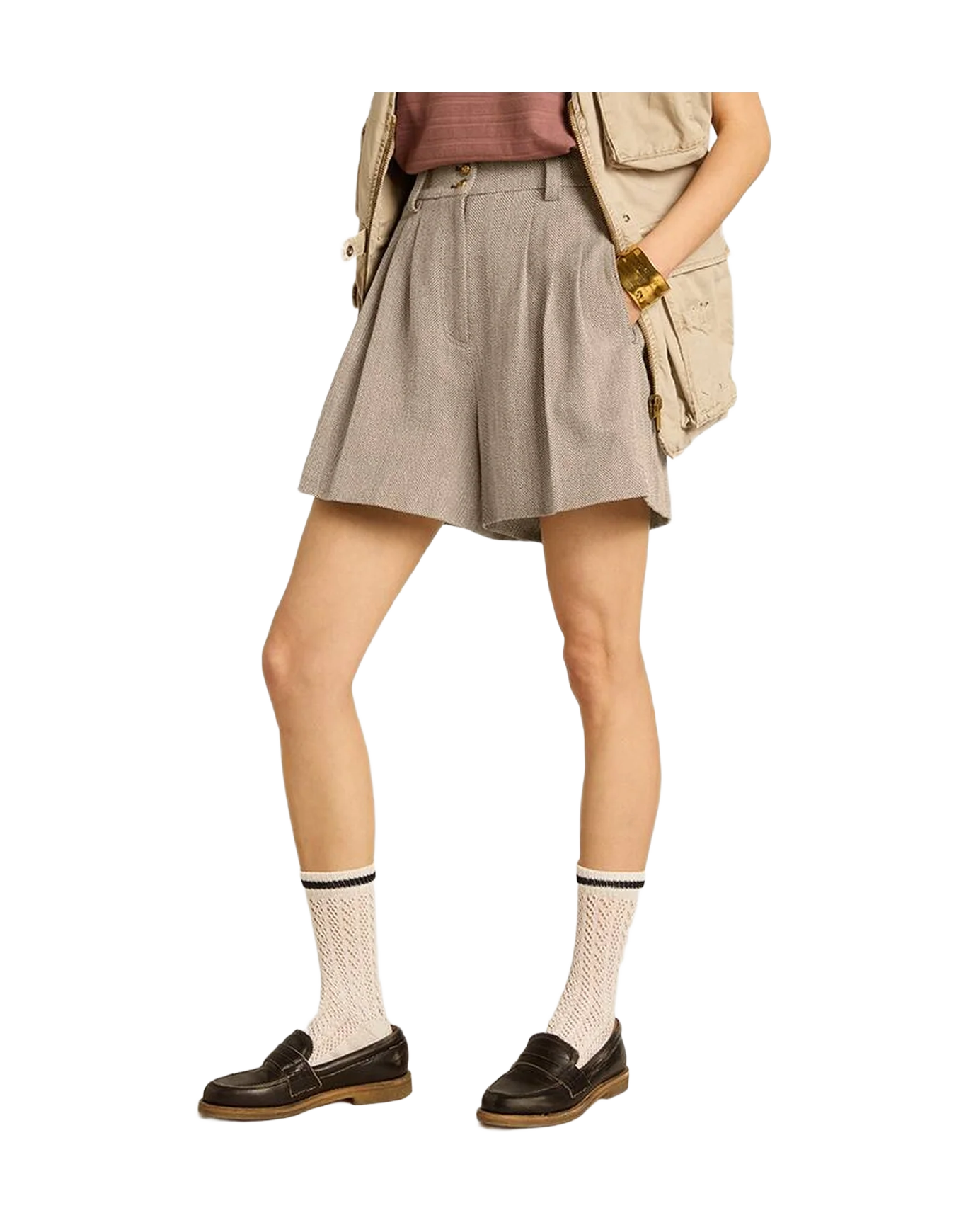Women | Aged Cotton Shorts With Elasticated Waist | Dark Olive x Vintage White - Image 7