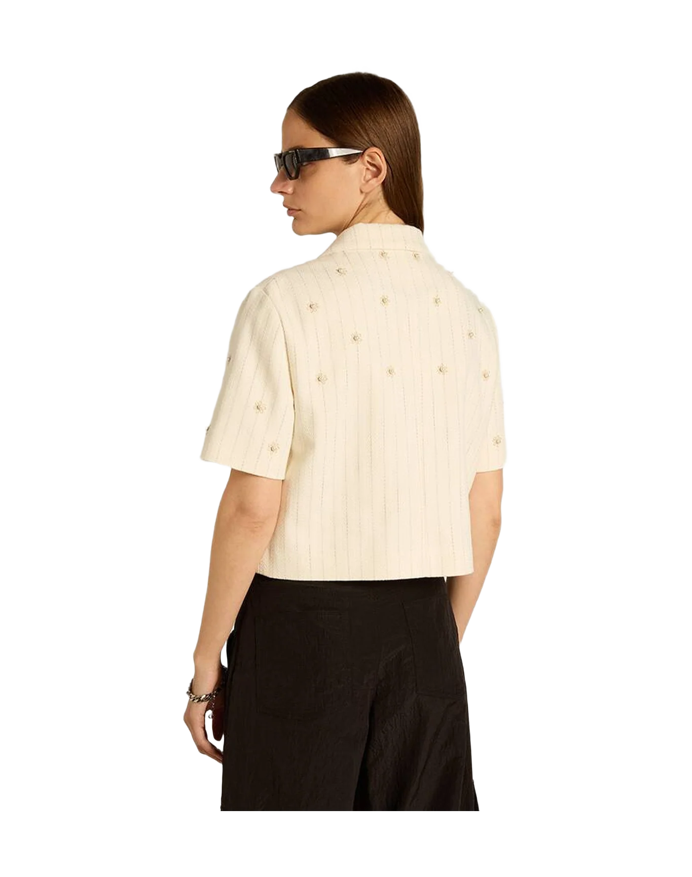 Women | Aged Jacket In Pinstripe Cotton With All Over Floral Embroidery | Heritage White x Opal Gray - Image 10