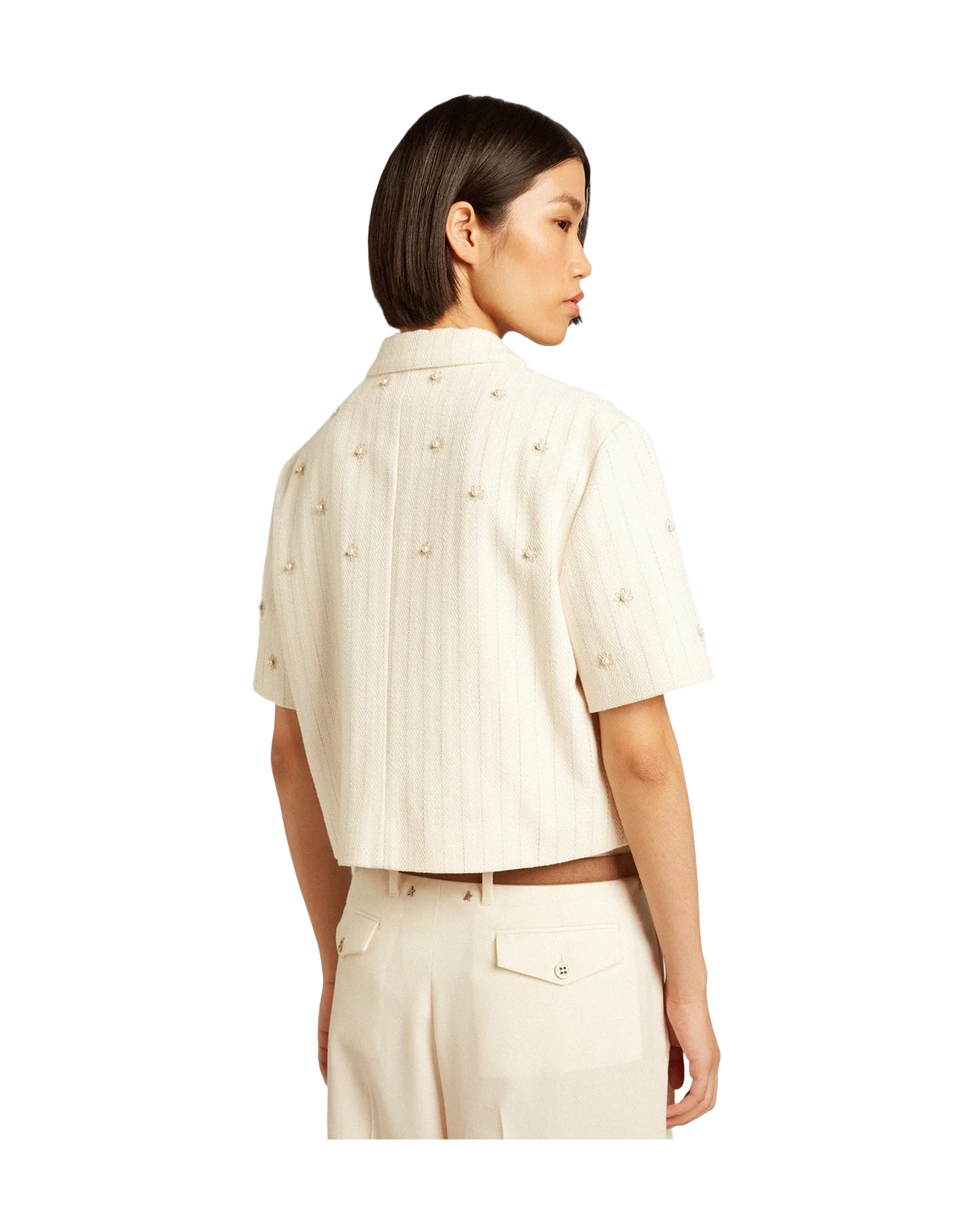 Women | Aged Jacket In Pinstripe Cotton With All Over Floral Embroidery | Heritage White x Opal Gray - Image 11