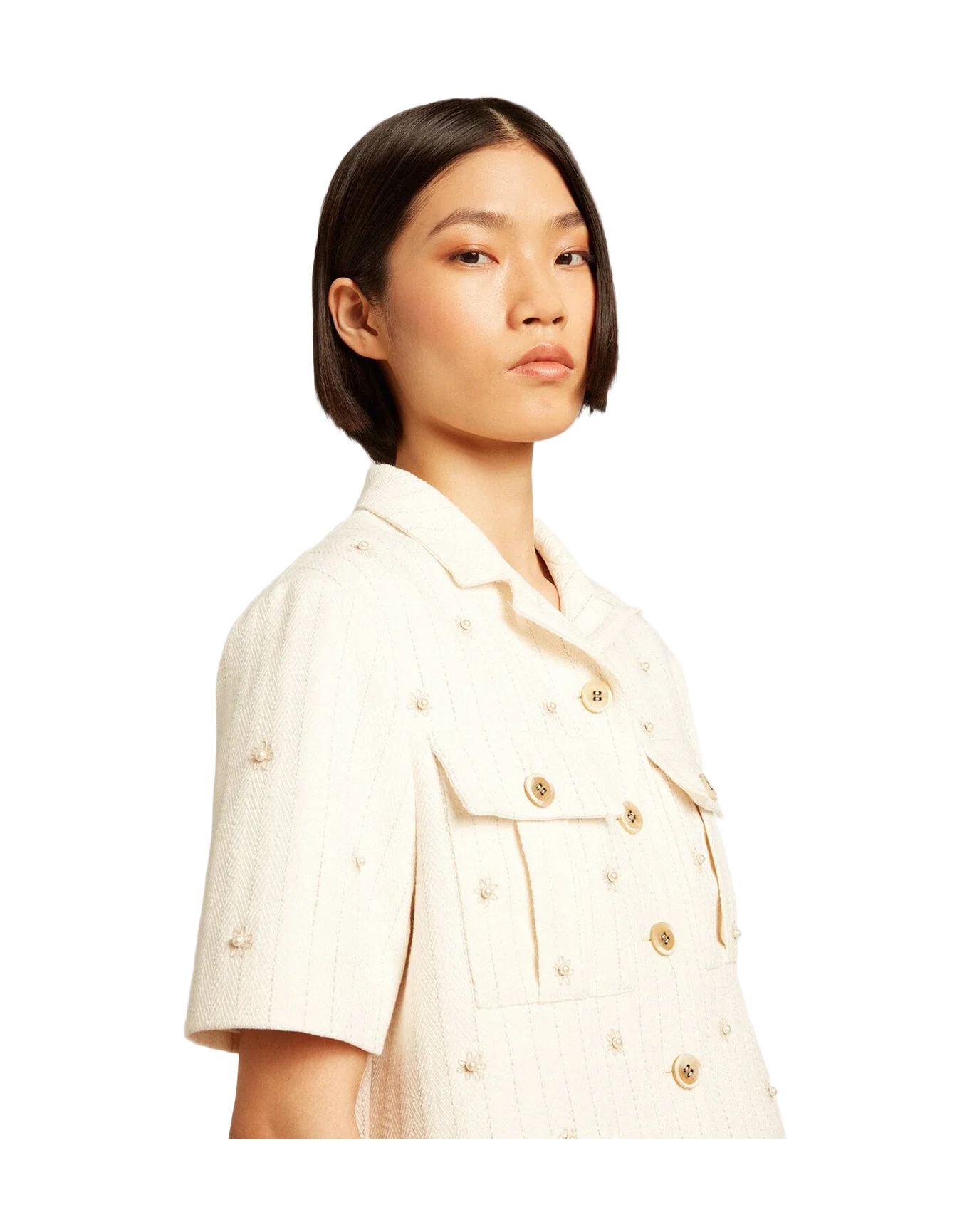 Women | Aged Jacket In Pinstripe Cotton With All Over Floral Embroidery | Heritage White x Opal Gray - Image 2
