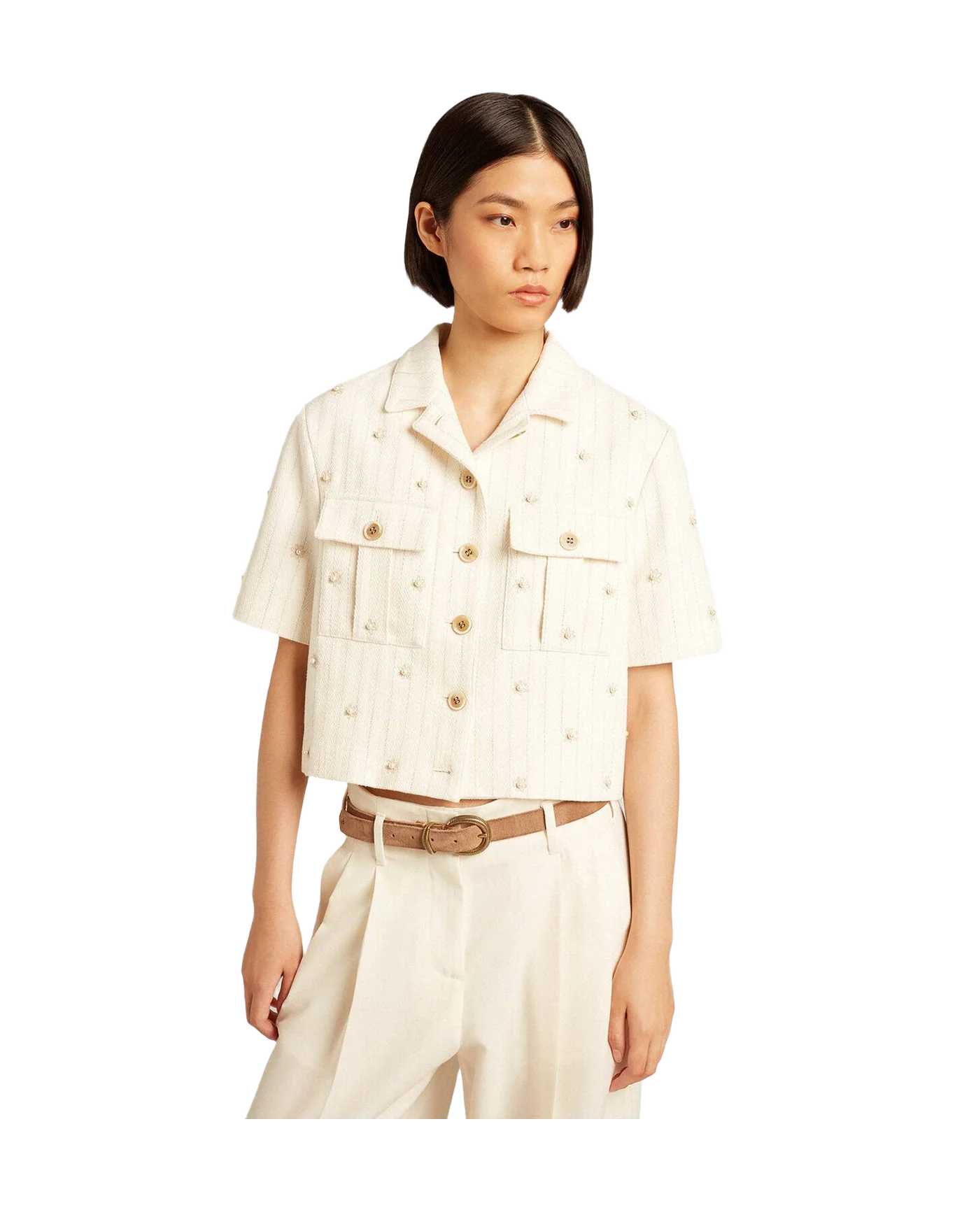 Women | Aged Jacket In Pinstripe Cotton With All Over Floral Embroidery | Heritage White x Opal Gray - Image 6