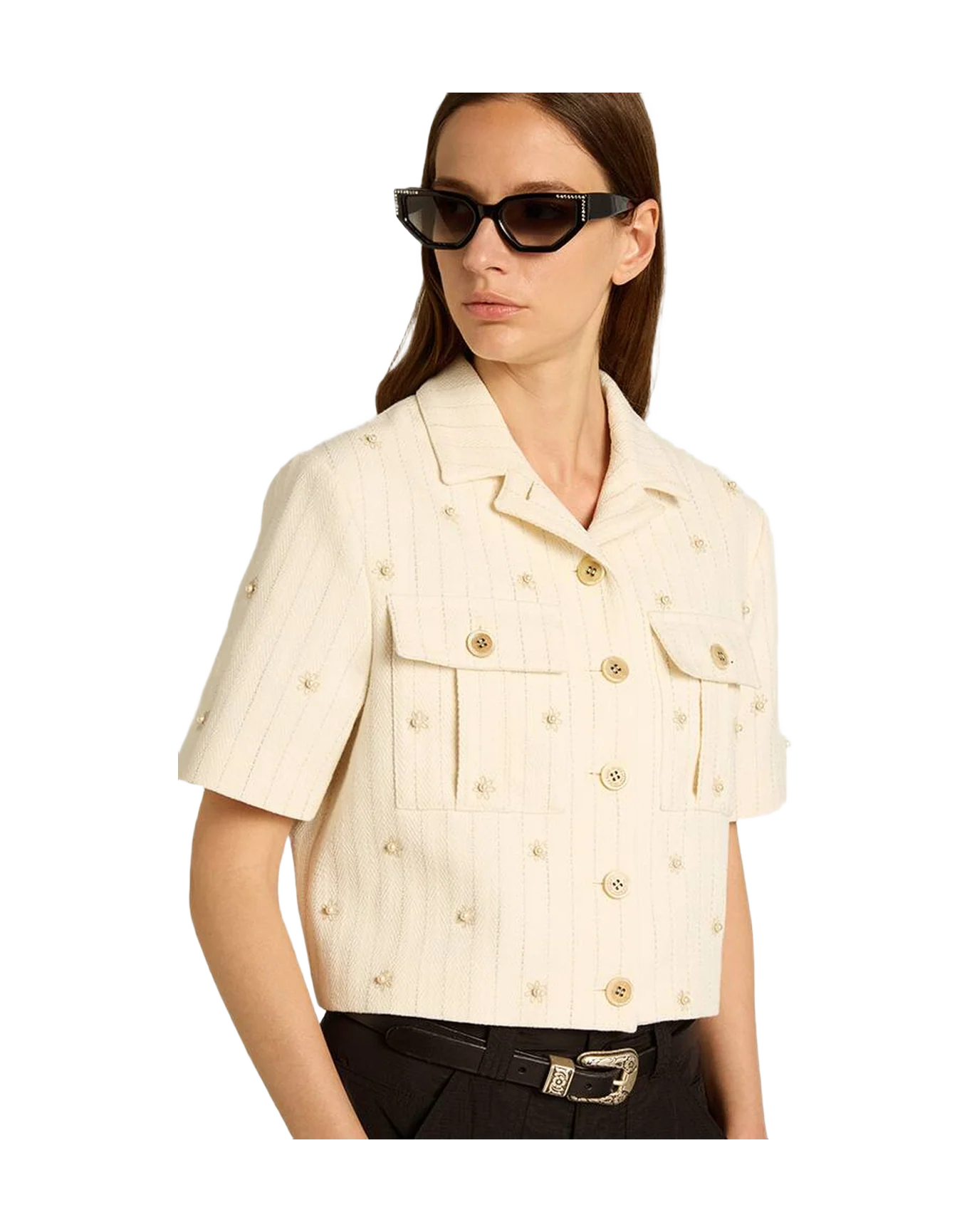 Women | Aged Jacket In Pinstripe Cotton With All Over Floral Embroidery | Heritage White x Opal Gray - Image 7