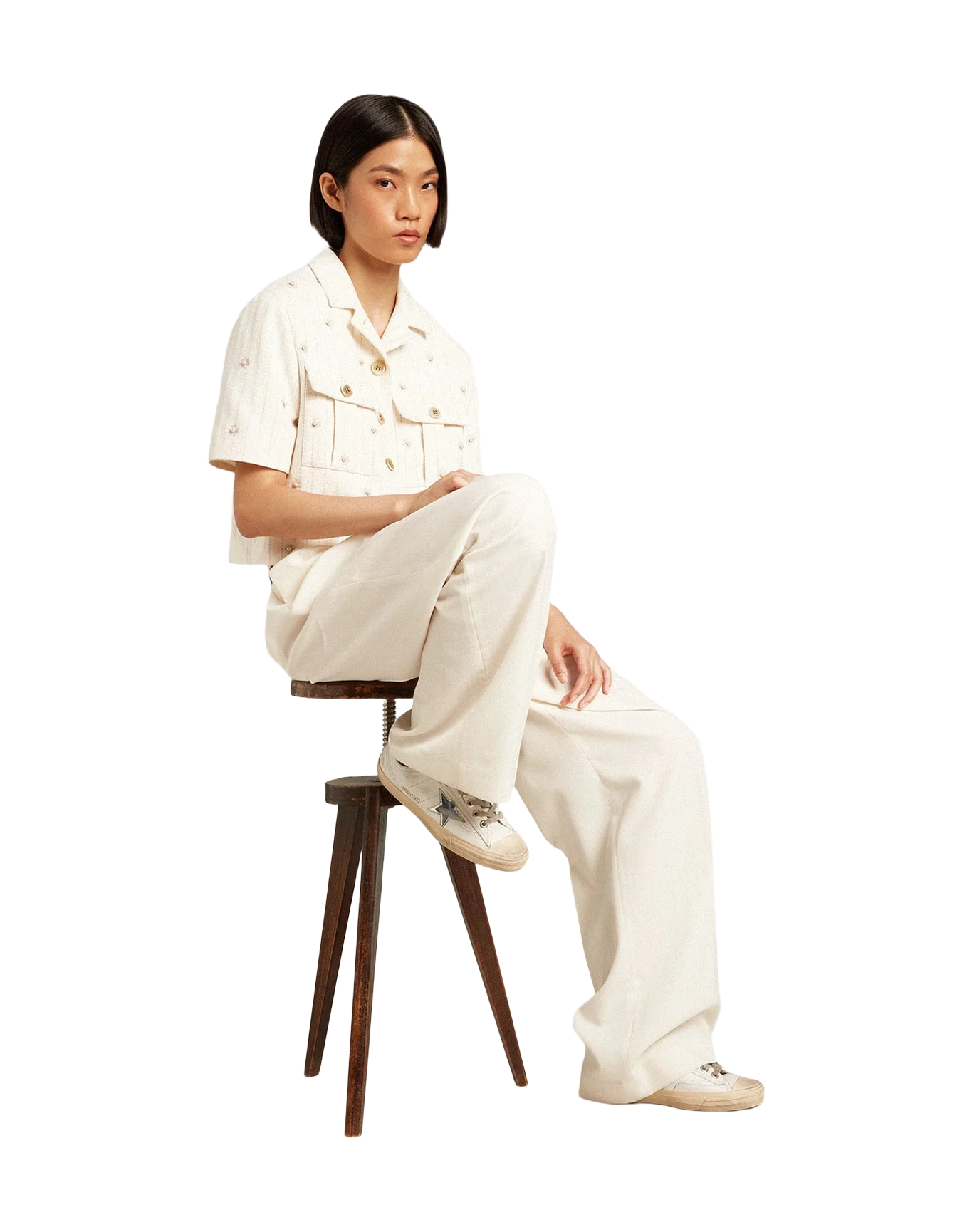 Women | Aged Jacket In Pinstripe Cotton With All Over Floral Embroidery | Heritage White x Opal Gray - Image 9