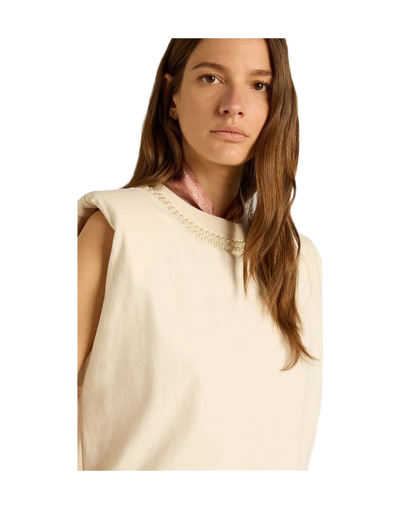 Women | Aged Sleeveless T Shirt With Pearl Embroidery | Heritage White