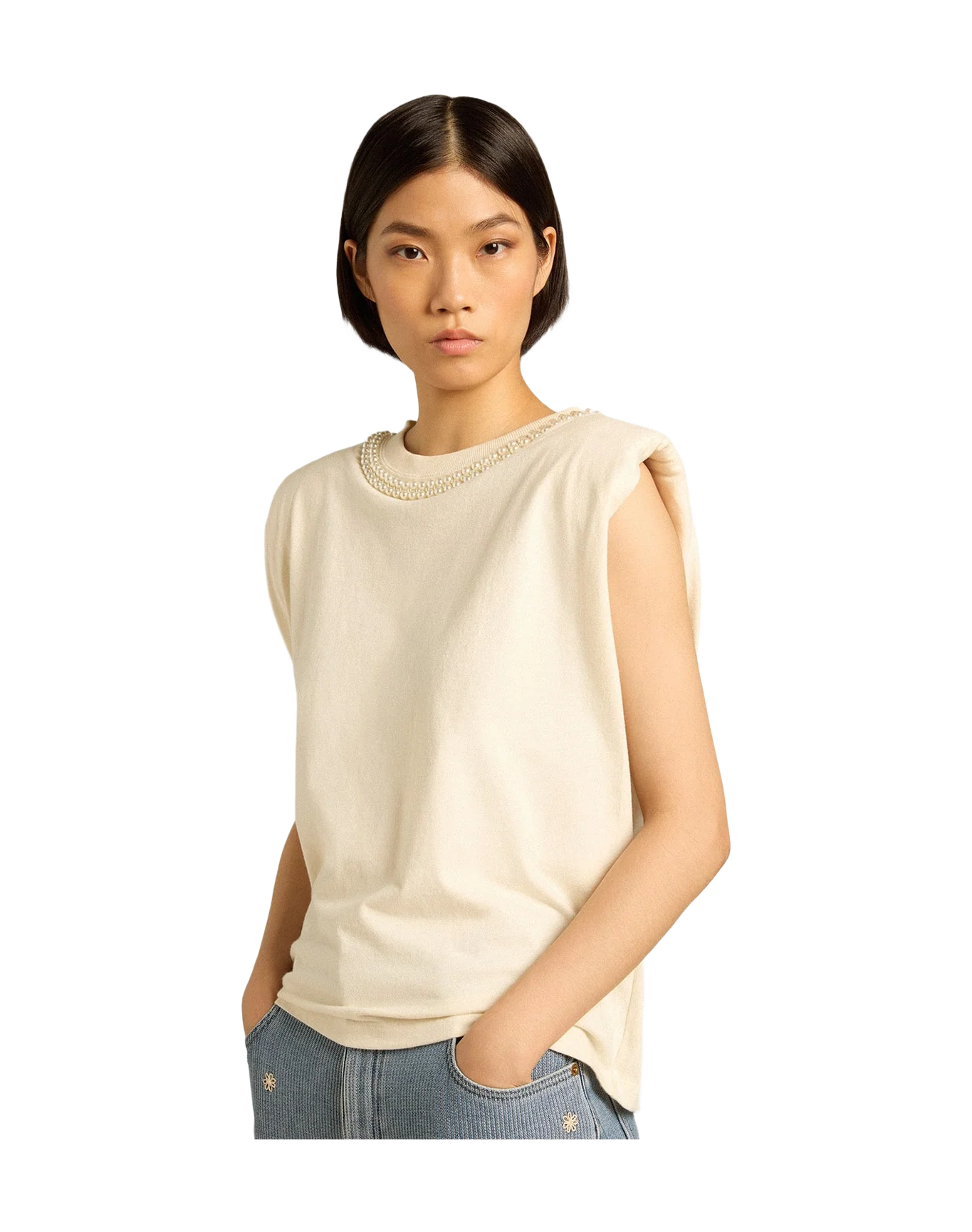 Women | Aged Sleeveless T Shirt With Pearl Embroidery | Heritage White - Image 11