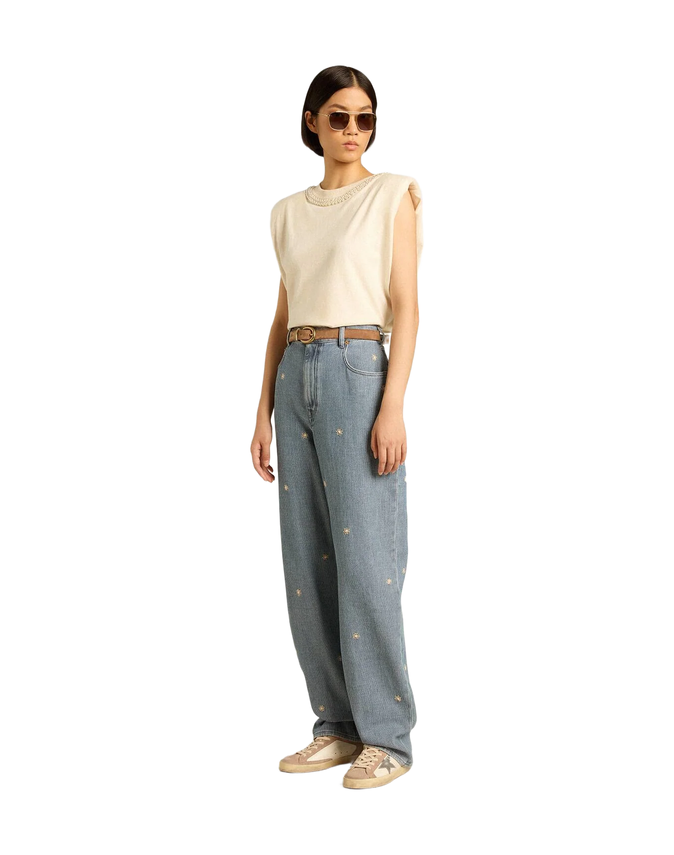 Women | Aged Sleeveless T Shirt With Pearl Embroidery | Heritage White - Image 6