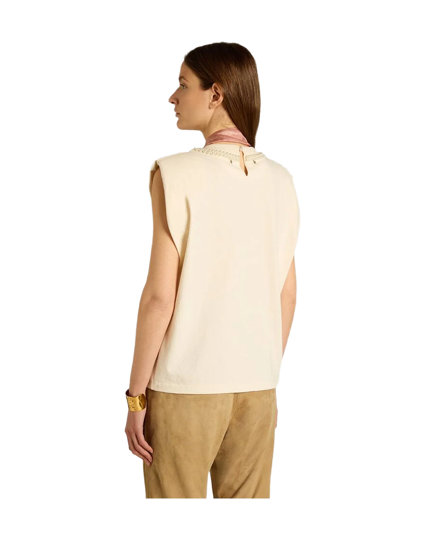 Women | Aged Sleeveless T Shirt With Pearl Embroidery | Heritage White - Image 8