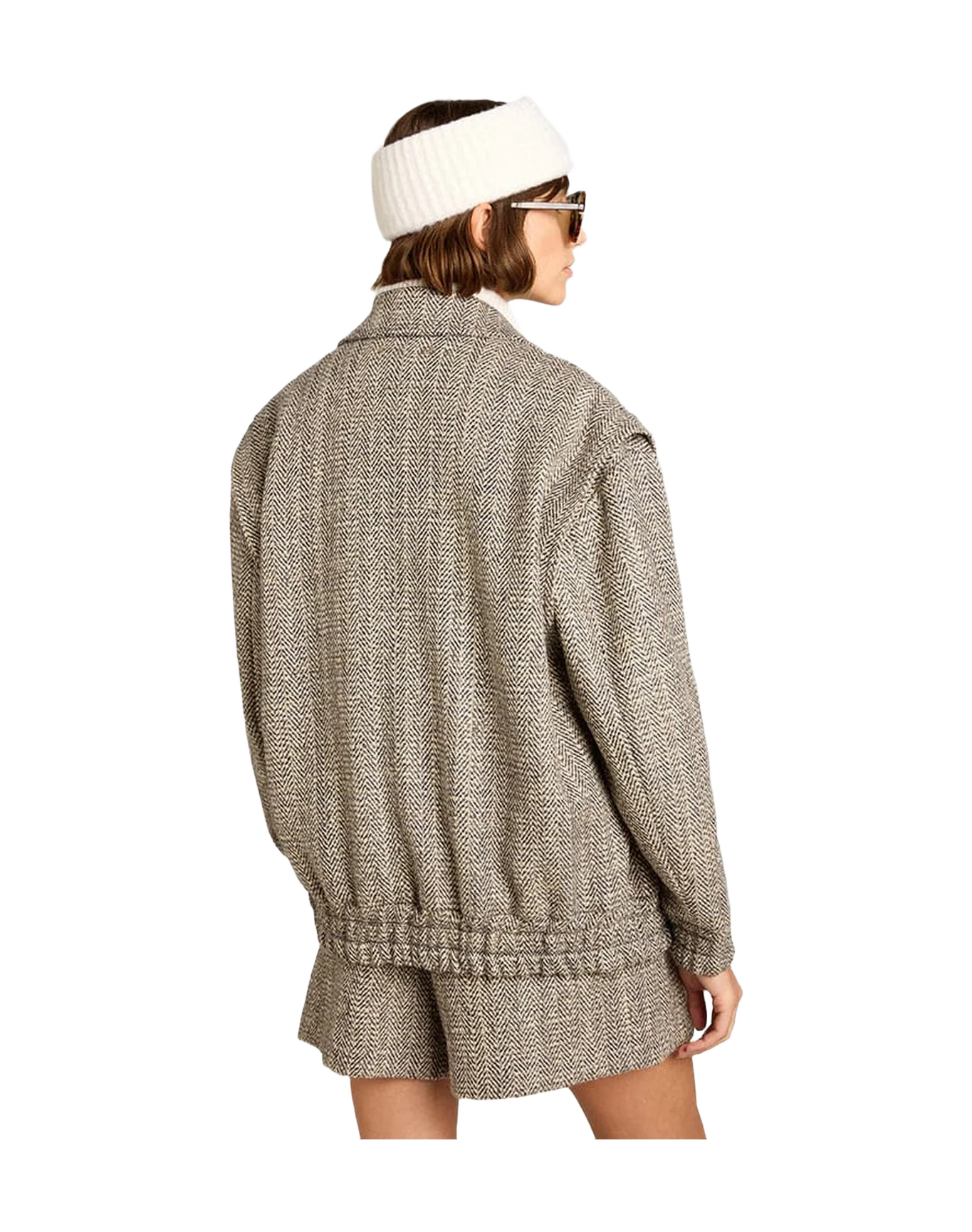 Women | Bomber Jacket In Brown Herringbone Wool | Midnight x Ecru - Image 12