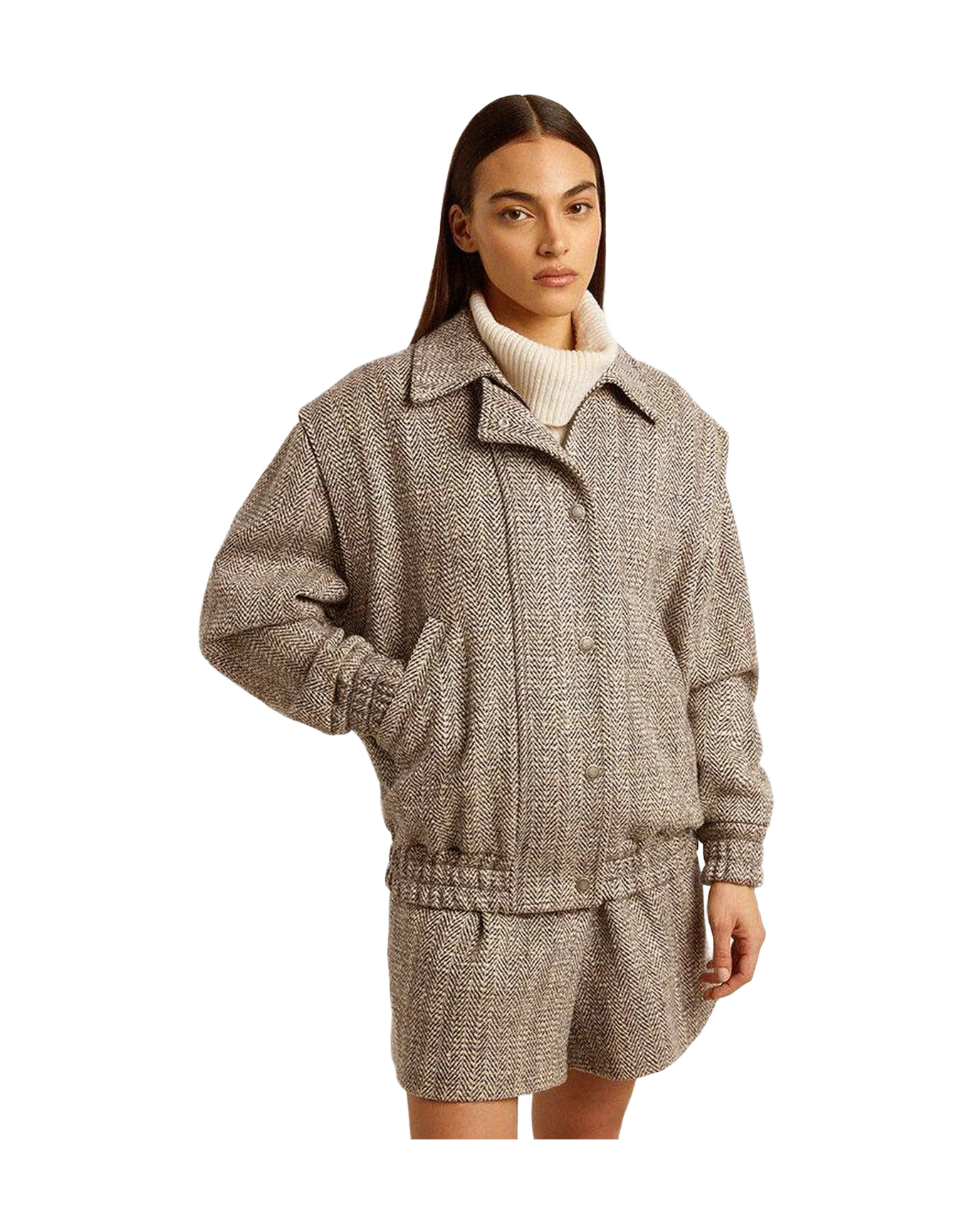 Women | Bomber Jacket In Brown Herringbone Wool | Midnight x Ecru - Image 13