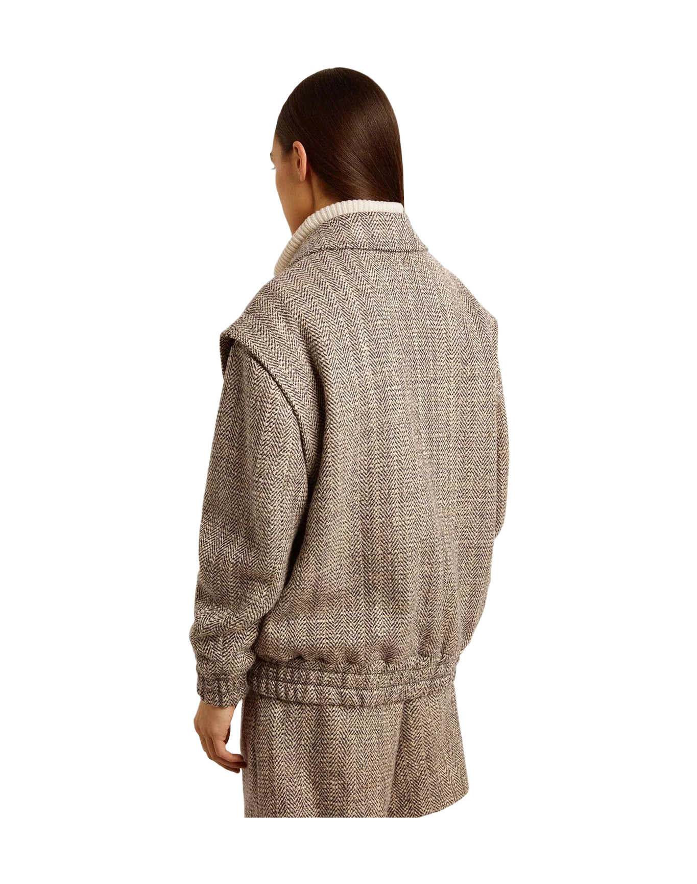 Women | Bomber Jacket In Brown Herringbone Wool | Midnight x Ecru - Image 4