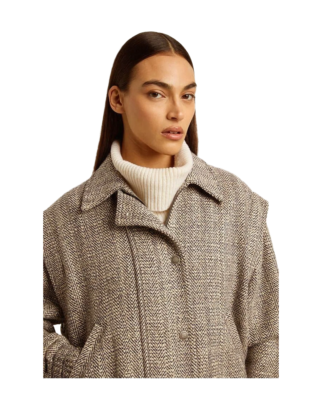 Women | Bomber Jacket In Brown Herringbone Wool | Midnight x Ecru - Image 5