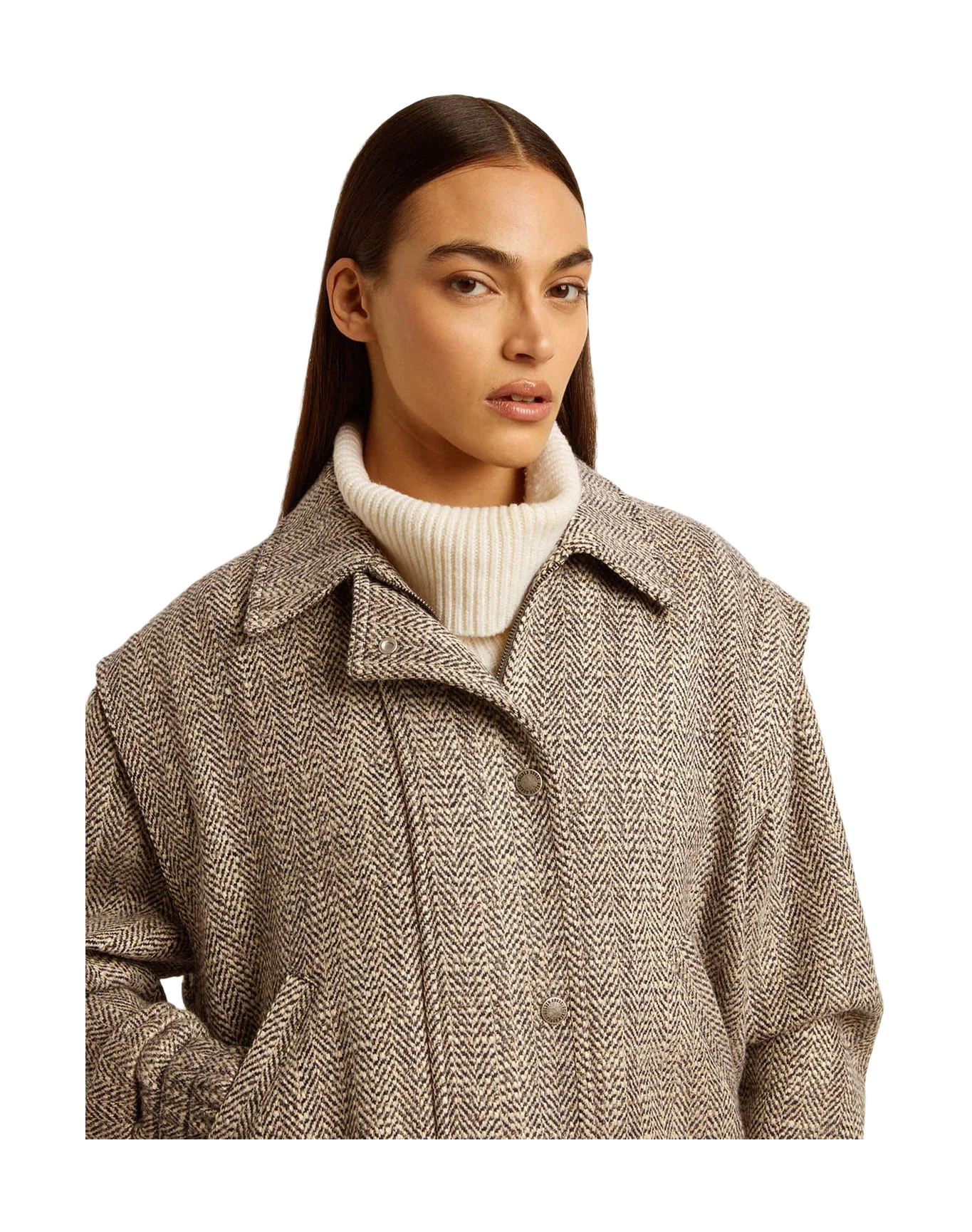 Women | Bomber Jacket In Brown Herringbone Wool | Midnight x Ecru - Image 8