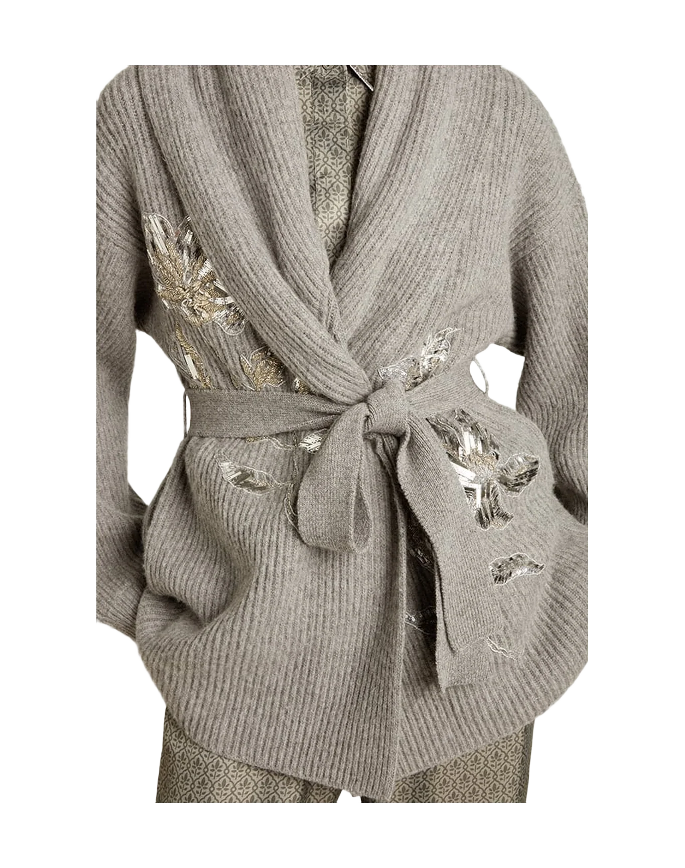Women | Cardigan In Gray Wool With Embroidery On The Front | Grey Melange - Image 3