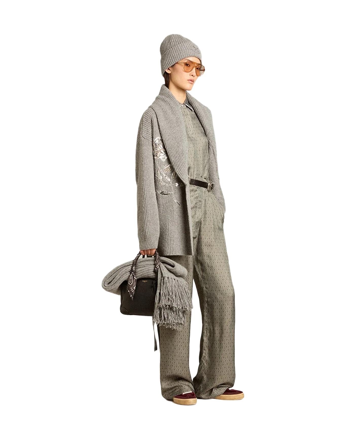 Women | Cardigan In Gray Wool With Embroidery On The Front | Grey Melange - Image 6