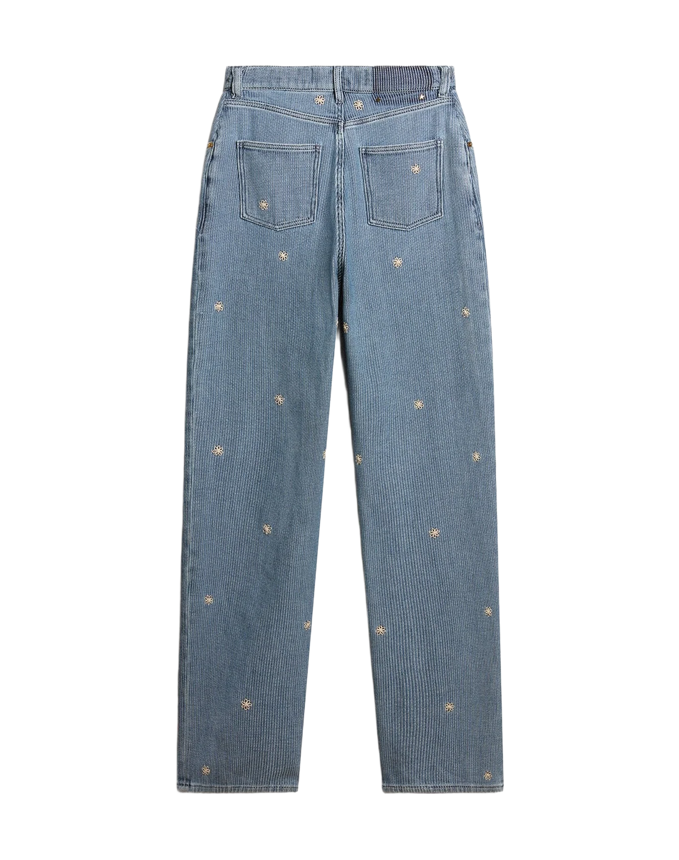 Women | Cotton Denim Pants With Floral Embroidery | Light Blue
