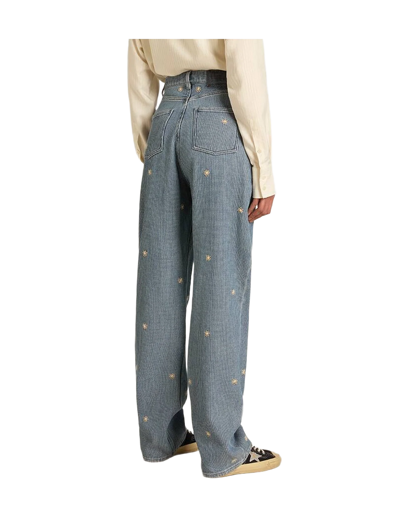 Women | Cotton Denim Pants With Floral Embroidery | Light Blue - Image 2