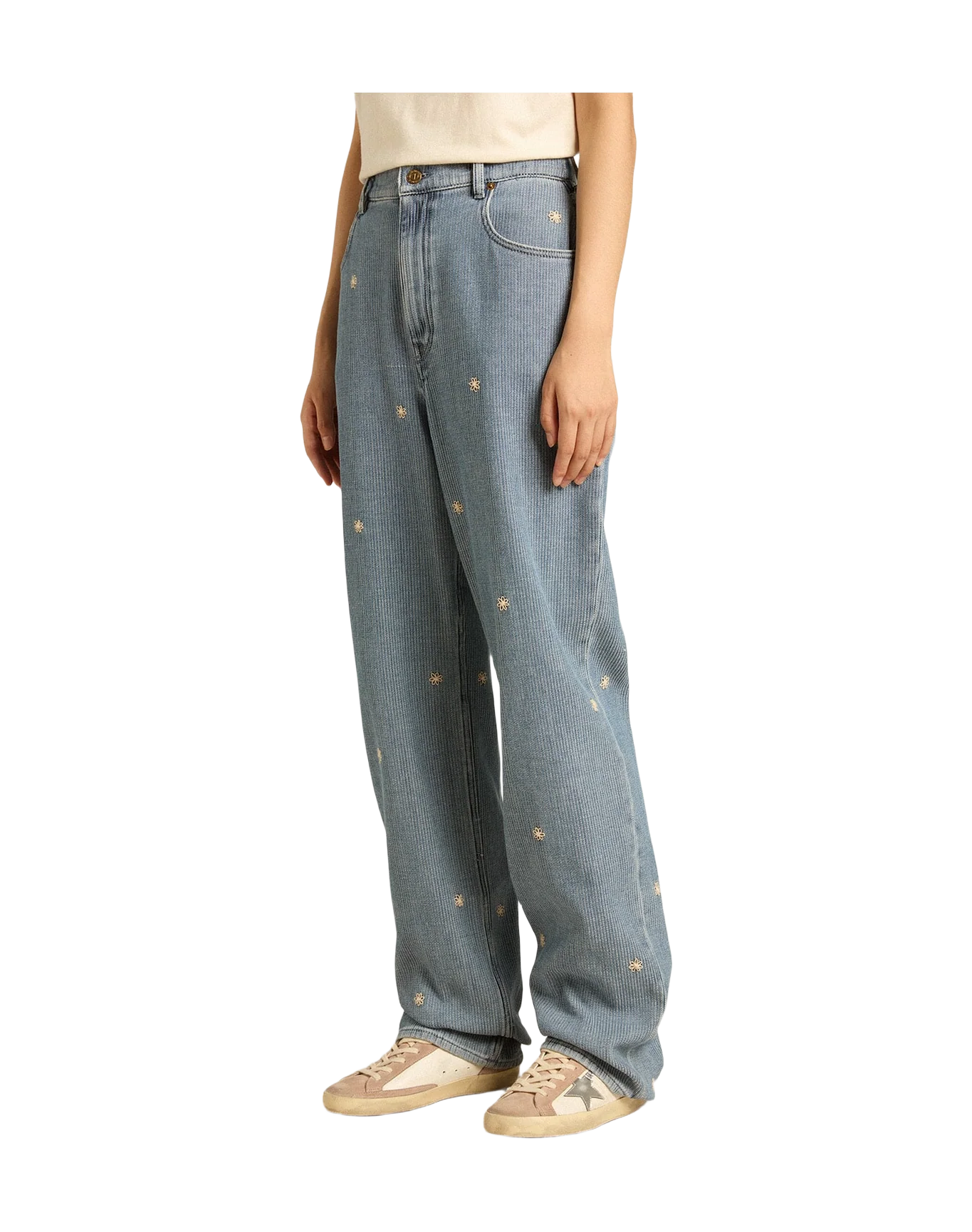 Women | Cotton Denim Pants With Floral Embroidery | Light Blue - Image 9