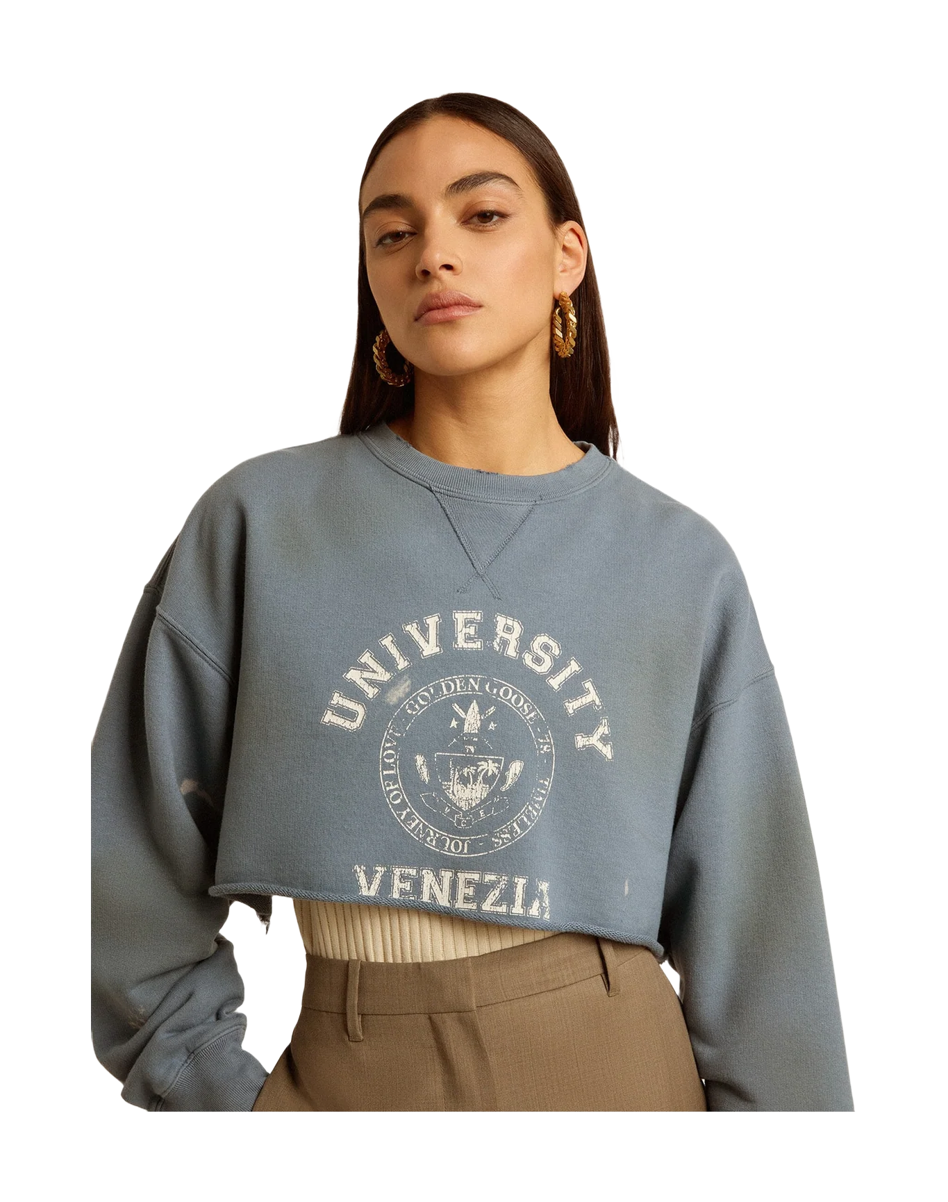 Women | Cropped Sweatshirt In Baby With Distressed Finish | Windward Blue x Heritage White