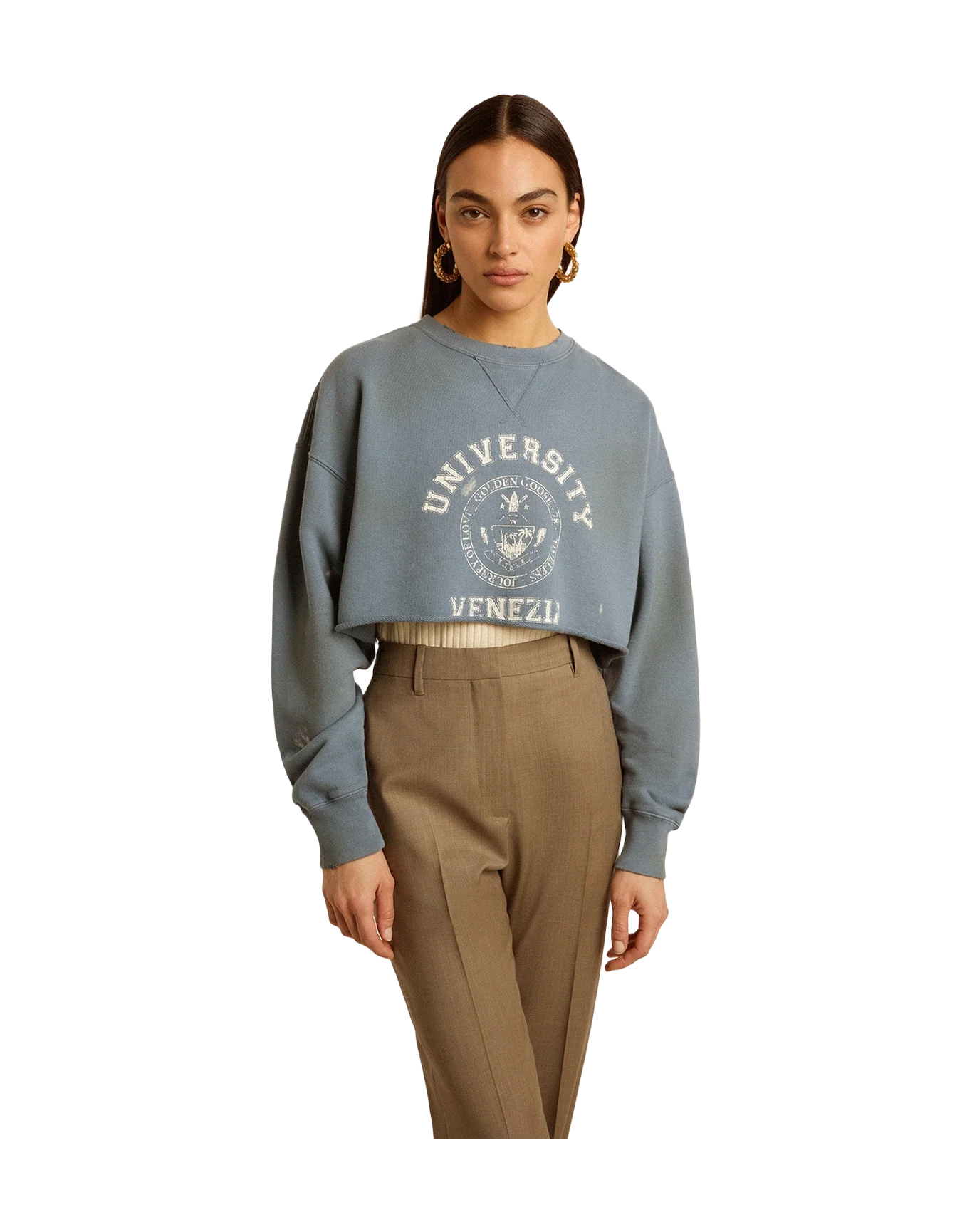 Women | Cropped Sweatshirt In Baby With Distressed Finish | Windward Blue x Heritage White - Image 2