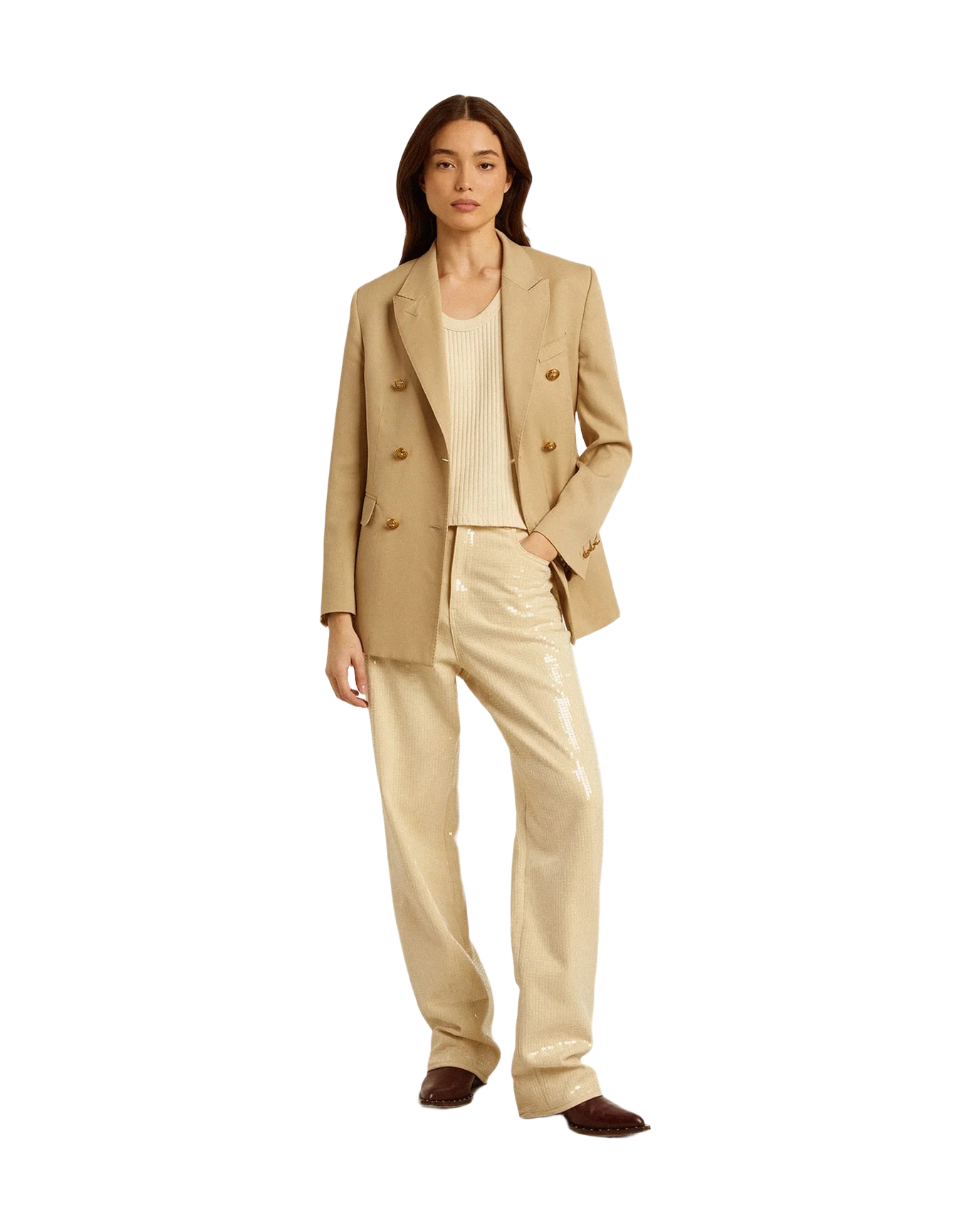 Women | Pants With Transparent All Over Sequins | Ecru - Image 11