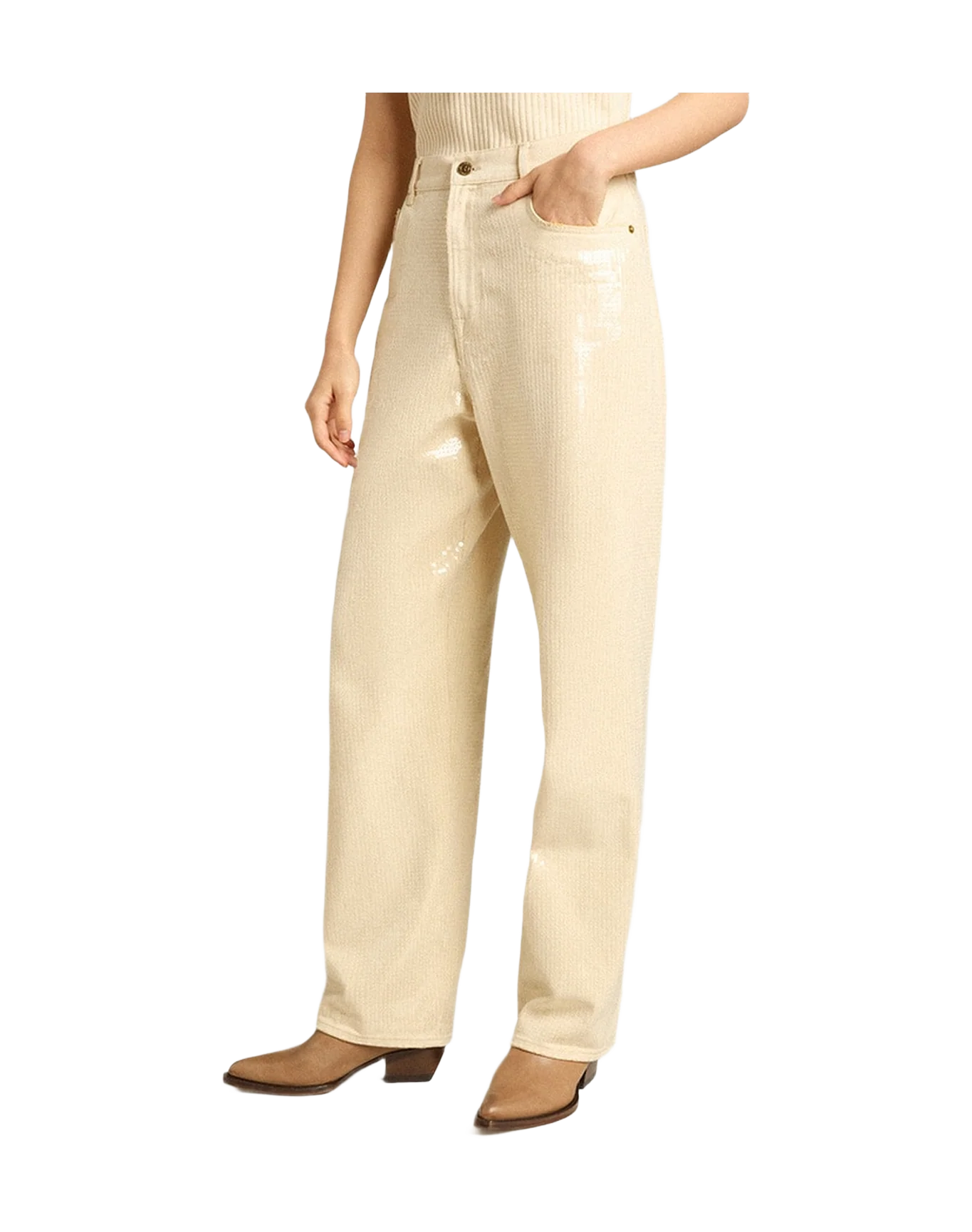 Women | Pants With Transparent All Over Sequins | Ecru - Image 6