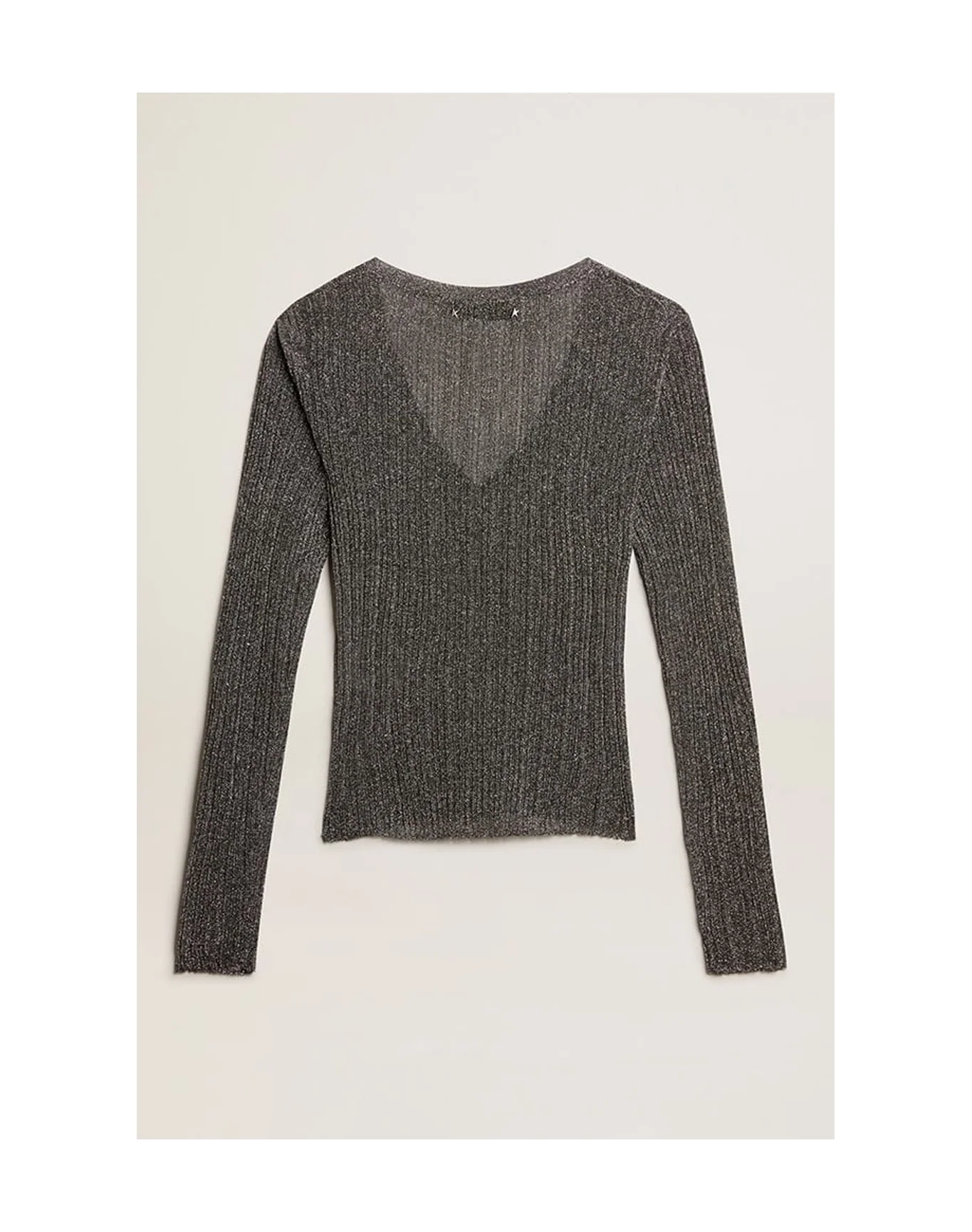 Women | Ribbed Long Sleeved Sweater With A Deep V Neckline Design | Silver x Grey - Image 2