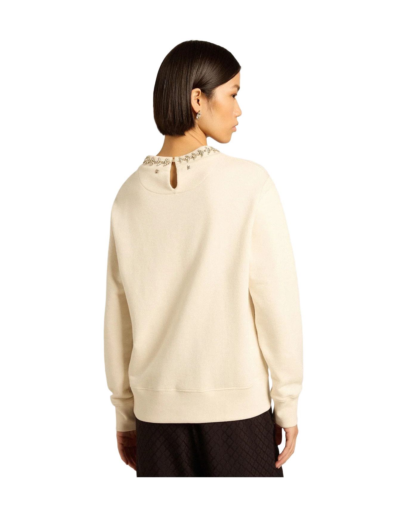 Women | Round Neck Cotton Sweatshirt In Aged With Hand Applied Crystals | Heritage White - Image 7