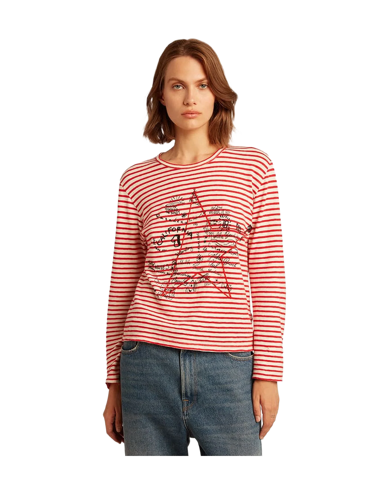 Women | T Shirt With White And Stripes And Embroidery On The Front | Ecru x Tango Red