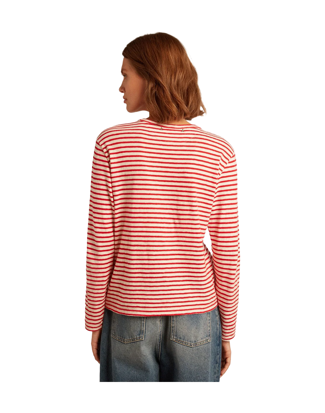 Women | T Shirt With White And Stripes And Embroidery On The Front | Ecru x Tango Red - Image 10