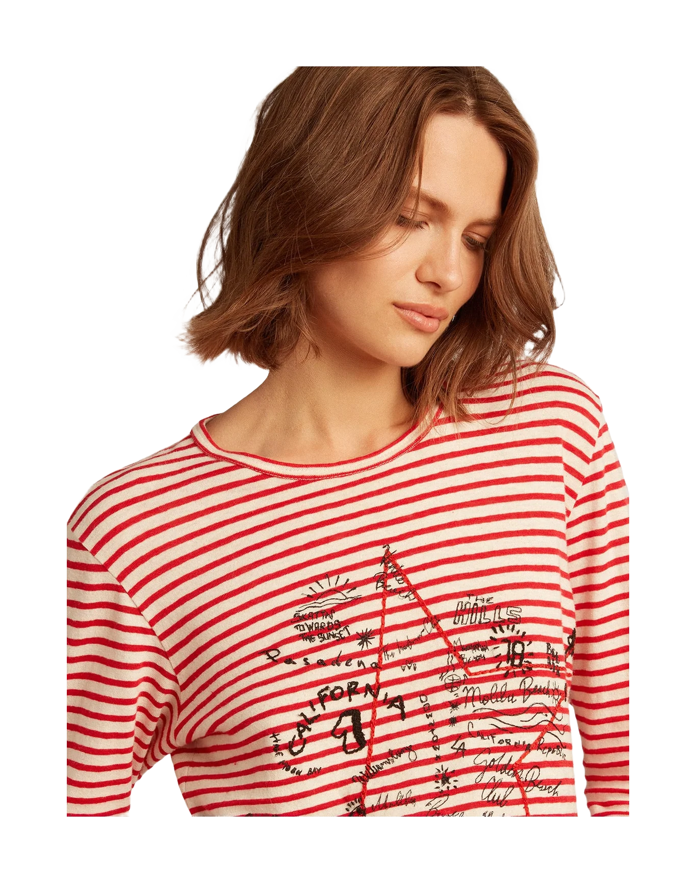 Women | T Shirt With White And Stripes And Embroidery On The Front | Ecru x Tango Red - Image 11