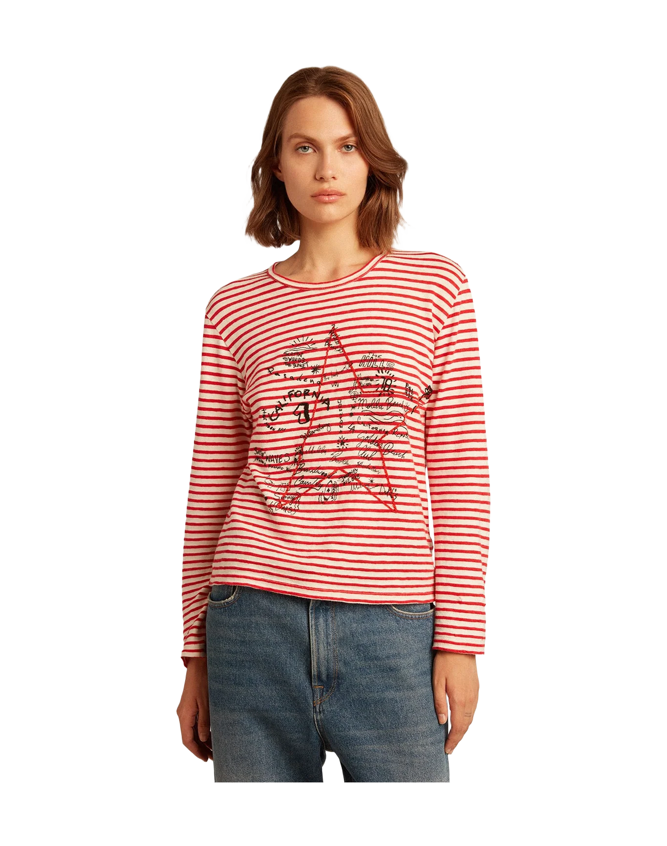 Women | T Shirt With White And Stripes And Embroidery On The Front | Ecru x Tango Red - Image 12