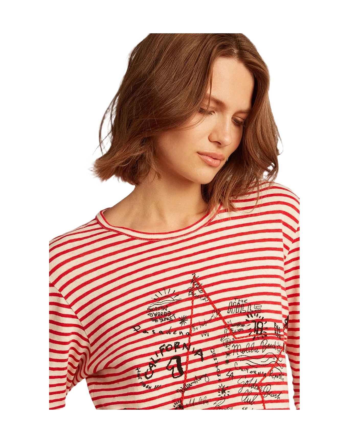 Women | T Shirt With White And Stripes And Embroidery On The Front | Ecru x Tango Red - Image 8