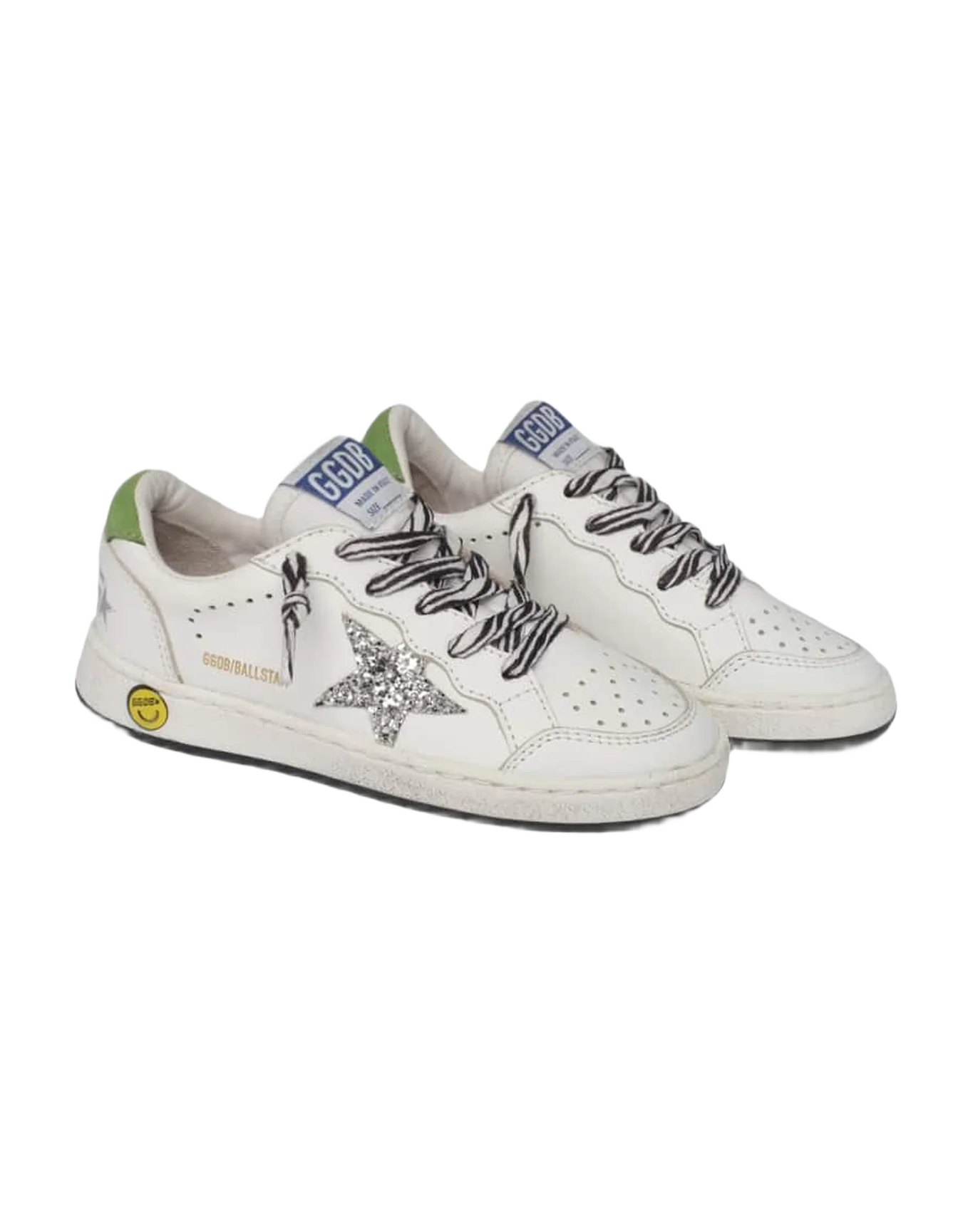 Kids | Ball Star Sneakers with Zebra-Print Laces & Star with Silver Glitter | White x Silver x Green - Image 4