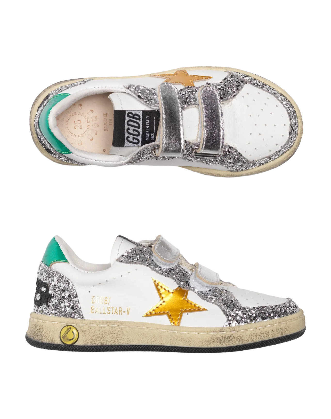 Kids | Ball Star Young Sneakers White Nappa Leather with Yellow Star & Silver Glitter Heel Tab - Image 3