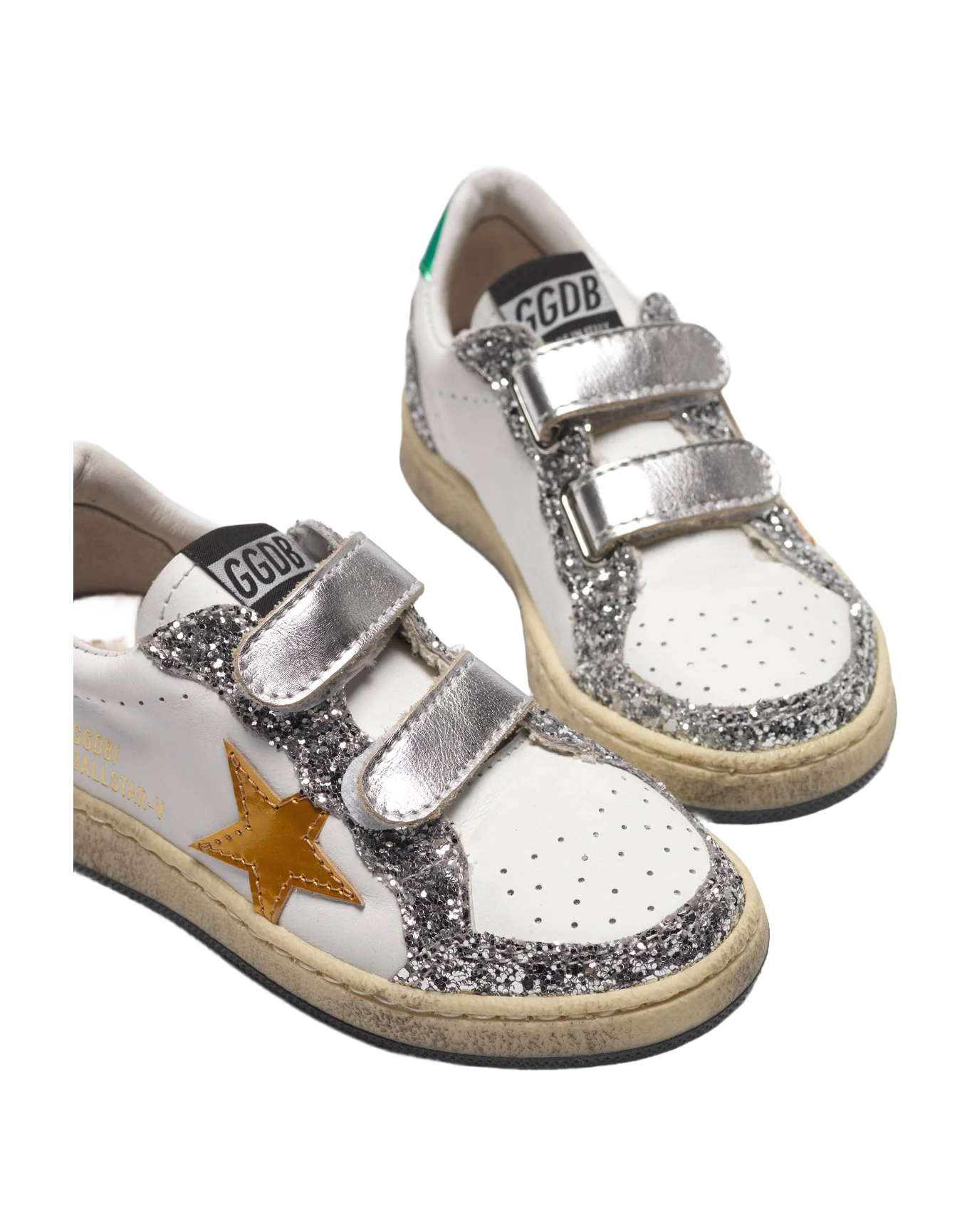 Kids | Ball Star Young Sneakers White Nappa Leather with Yellow Star & Silver Glitter Heel Tab - Image 4