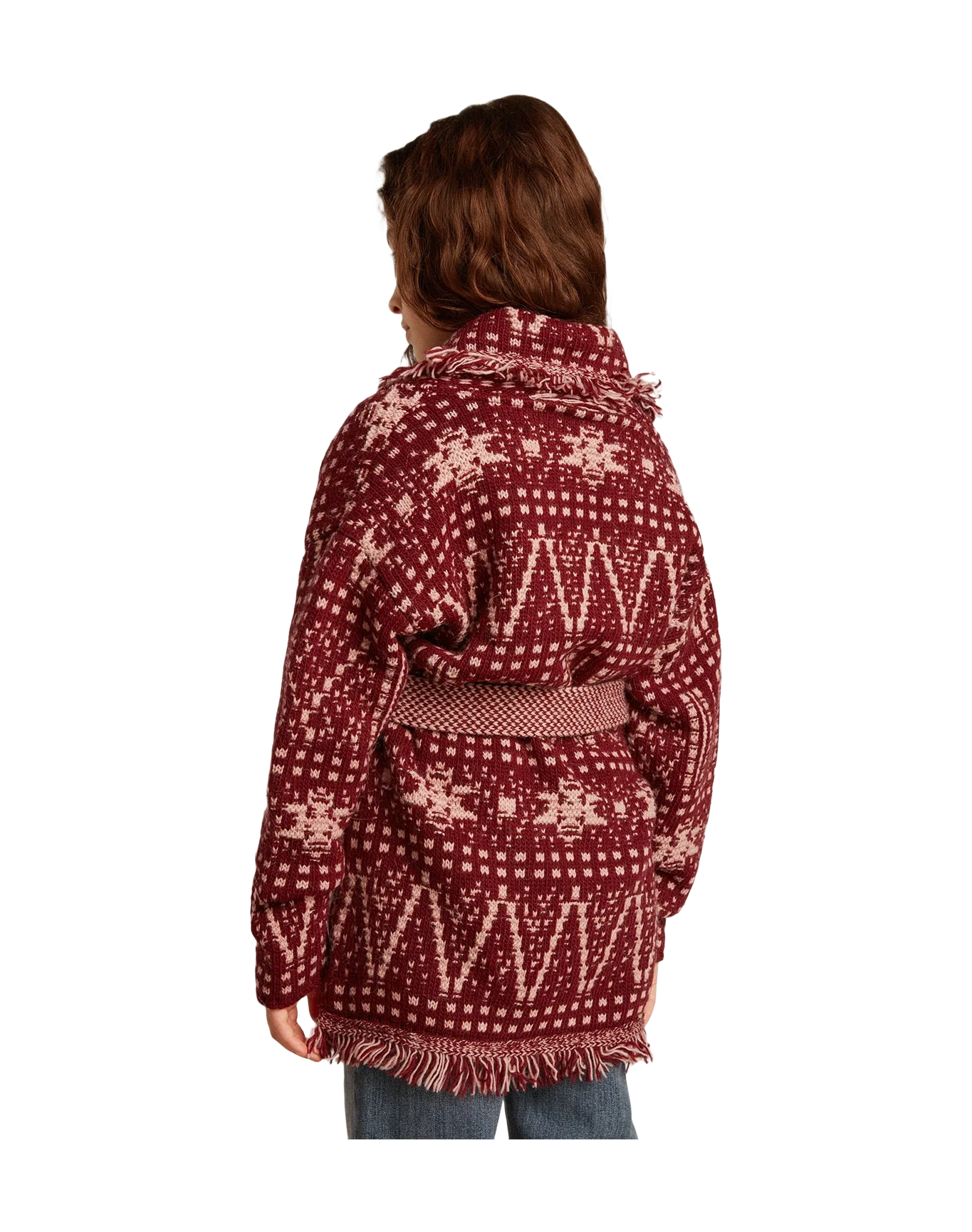 Kids | Belted Cardigan with Burgundy Fair Isle Motif | Windsor Wine x Shadow Grey - Image 2