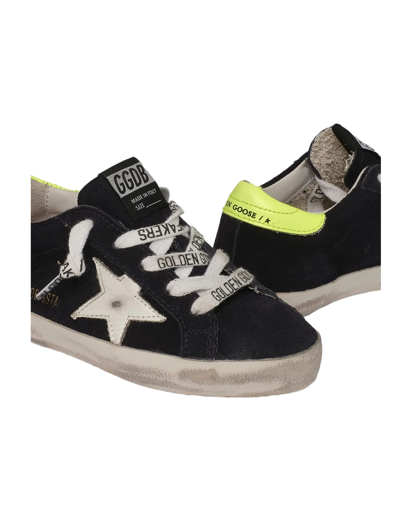 Kids | Dark Blue Suede Super-Star Sneakers with Yellow Heel Tab | Night Blue x White x Yellow Fluo (V1) - Image 4